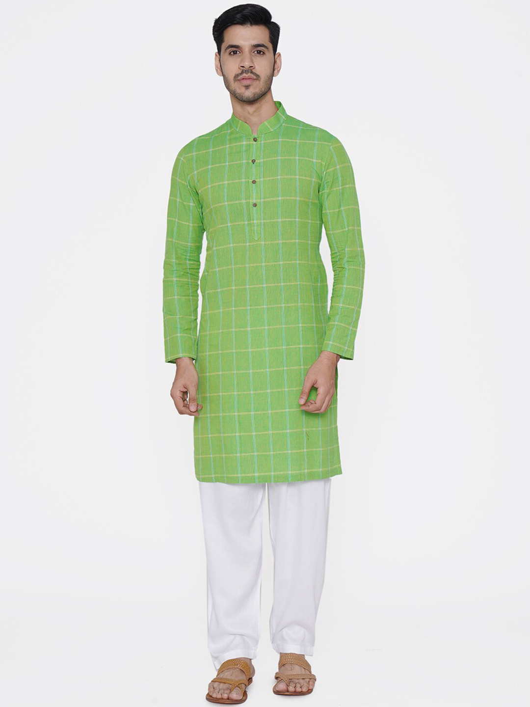 Manyavar Men Green Checked Straight Kurta