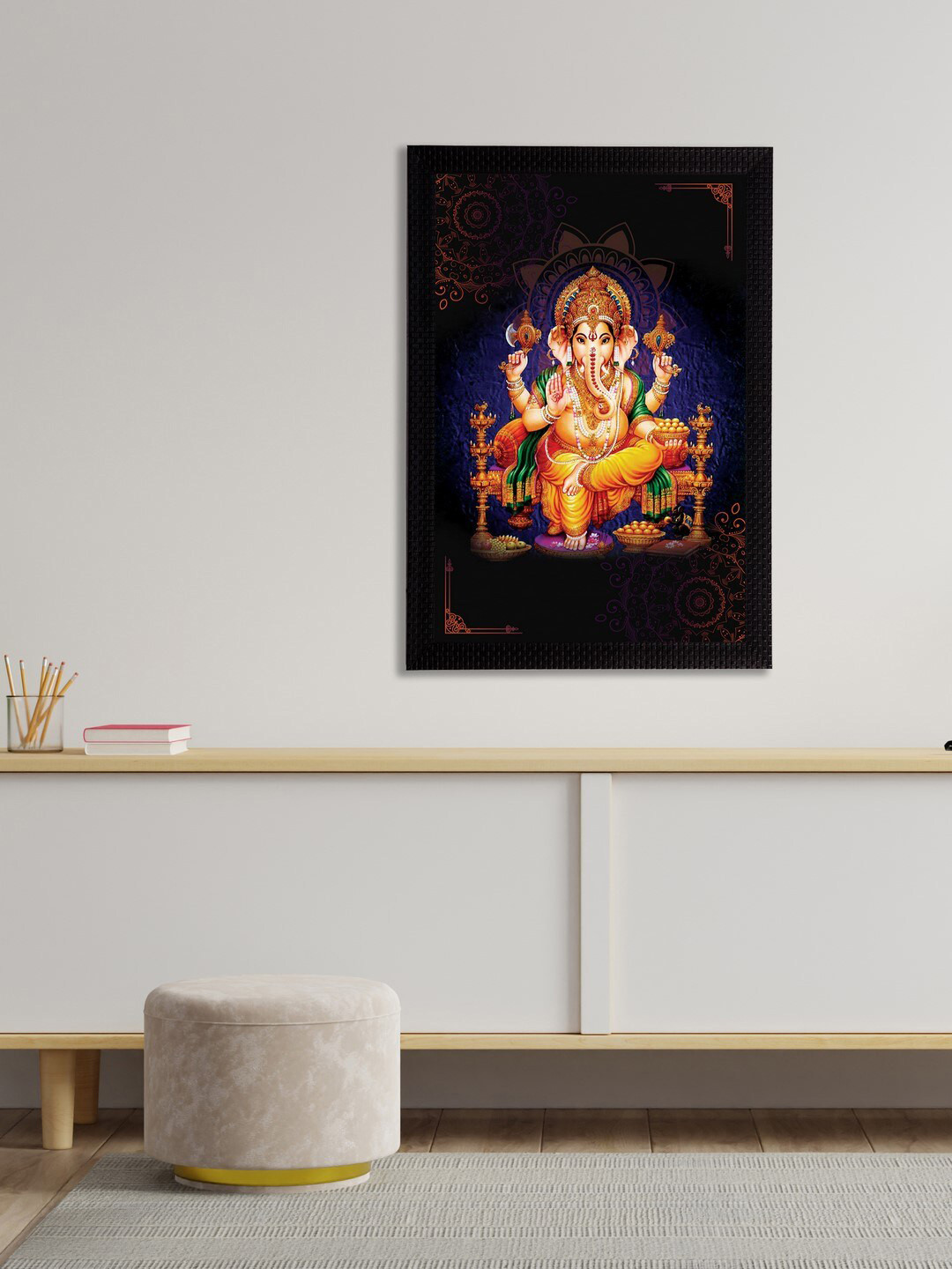 eCraftIndia Black & Orange Lord Ganesha Satin Matt Textured UV Wall Art