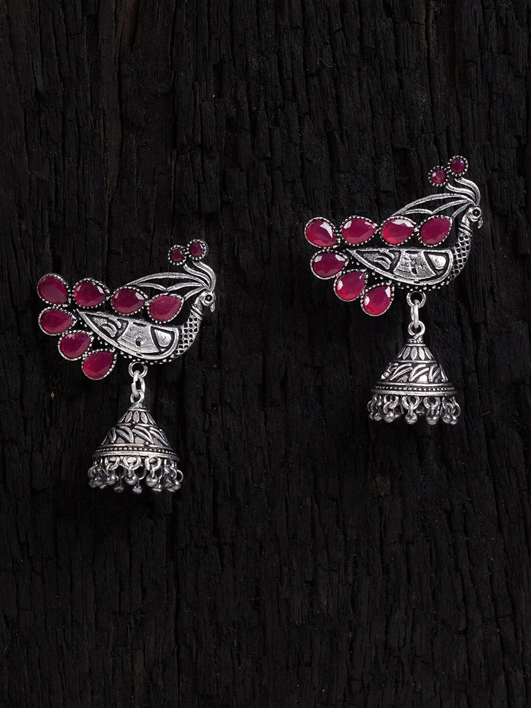 Shoshaa Silver-Plated & Magenta Oxidised Peacock Shaped Jhumkas