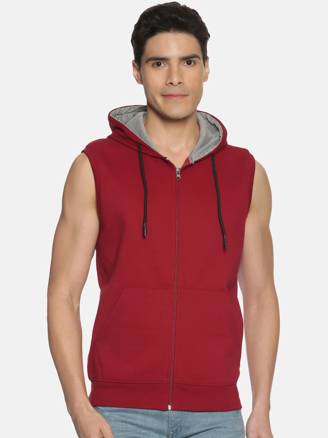 IVOC Men Maroon & Grey Solid Hooded Sweatshirt