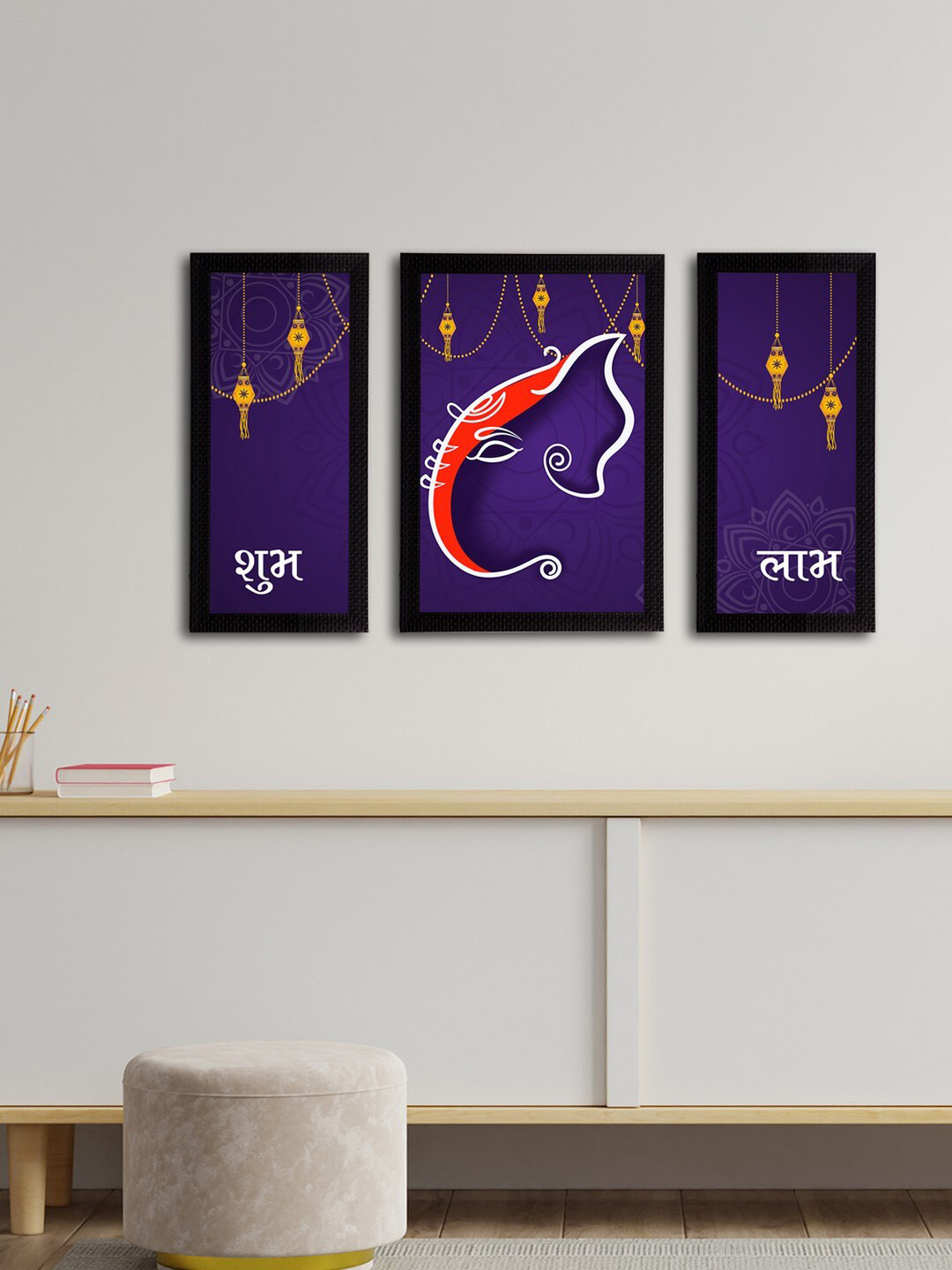 eCraftIndia Set of 3 Violet & Red Lord Ganesha Satin Matt Textured UV Wall Arts