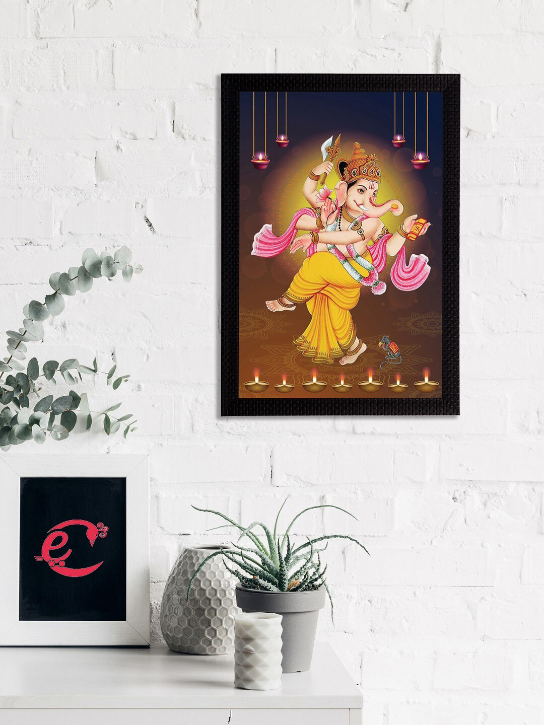 eCraftIndia Yellow & Pink Lord Ganesha Satin Matt Textured UV Wall Art