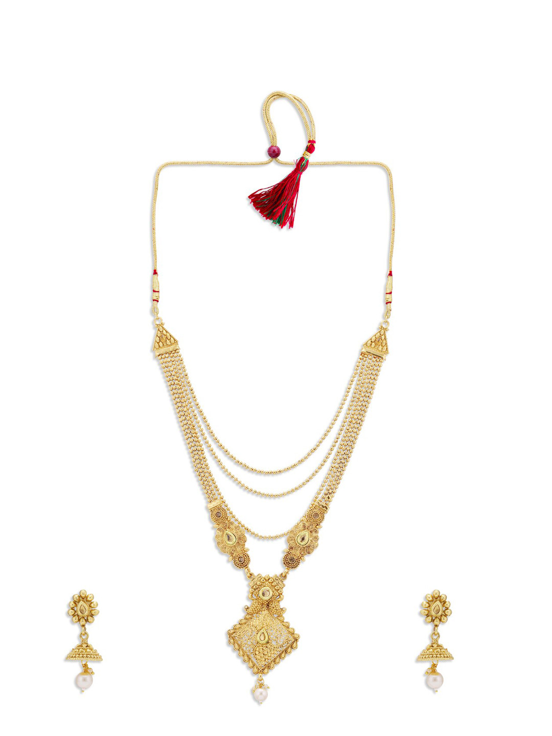 Sukkhi LCT Gold-Plated Tan Brown & White Stone-Studded Pearl Beaded Long Haram Jewellery Set