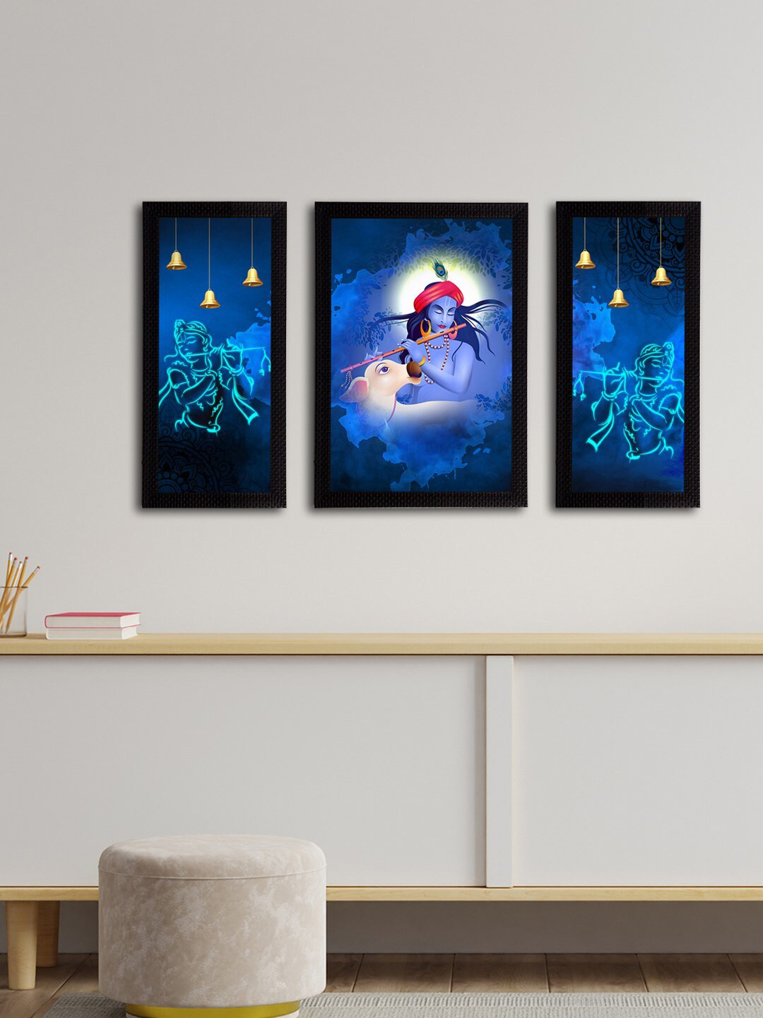 eCraftIndia Set of 3 Blue & White Satin Matt Texture Lord Krishna UV Wall Arts