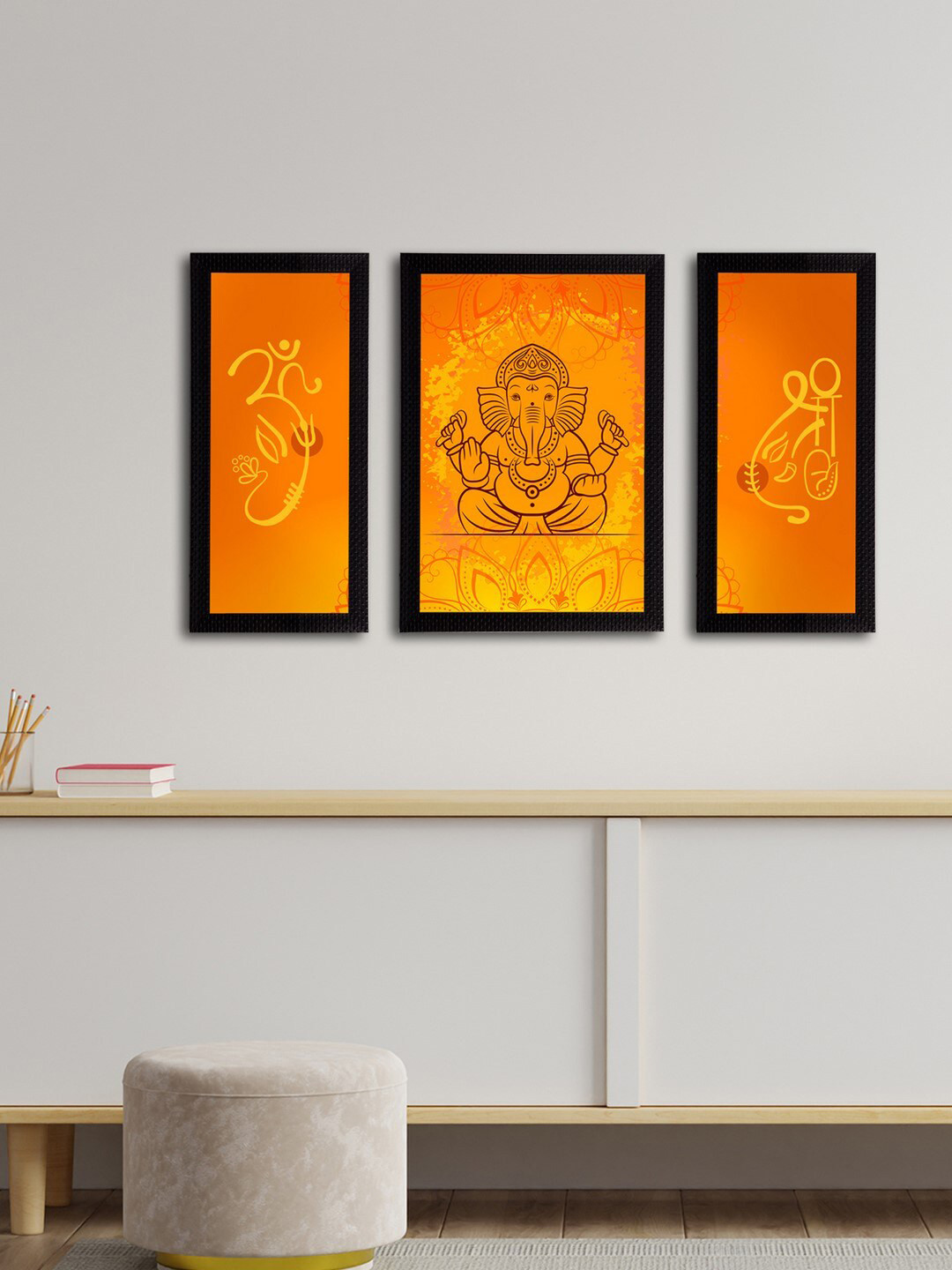 eCraftIndia Set of 3 Orange & Yellow Lord Ganesha Satin Matt Textured UV Wall Arts