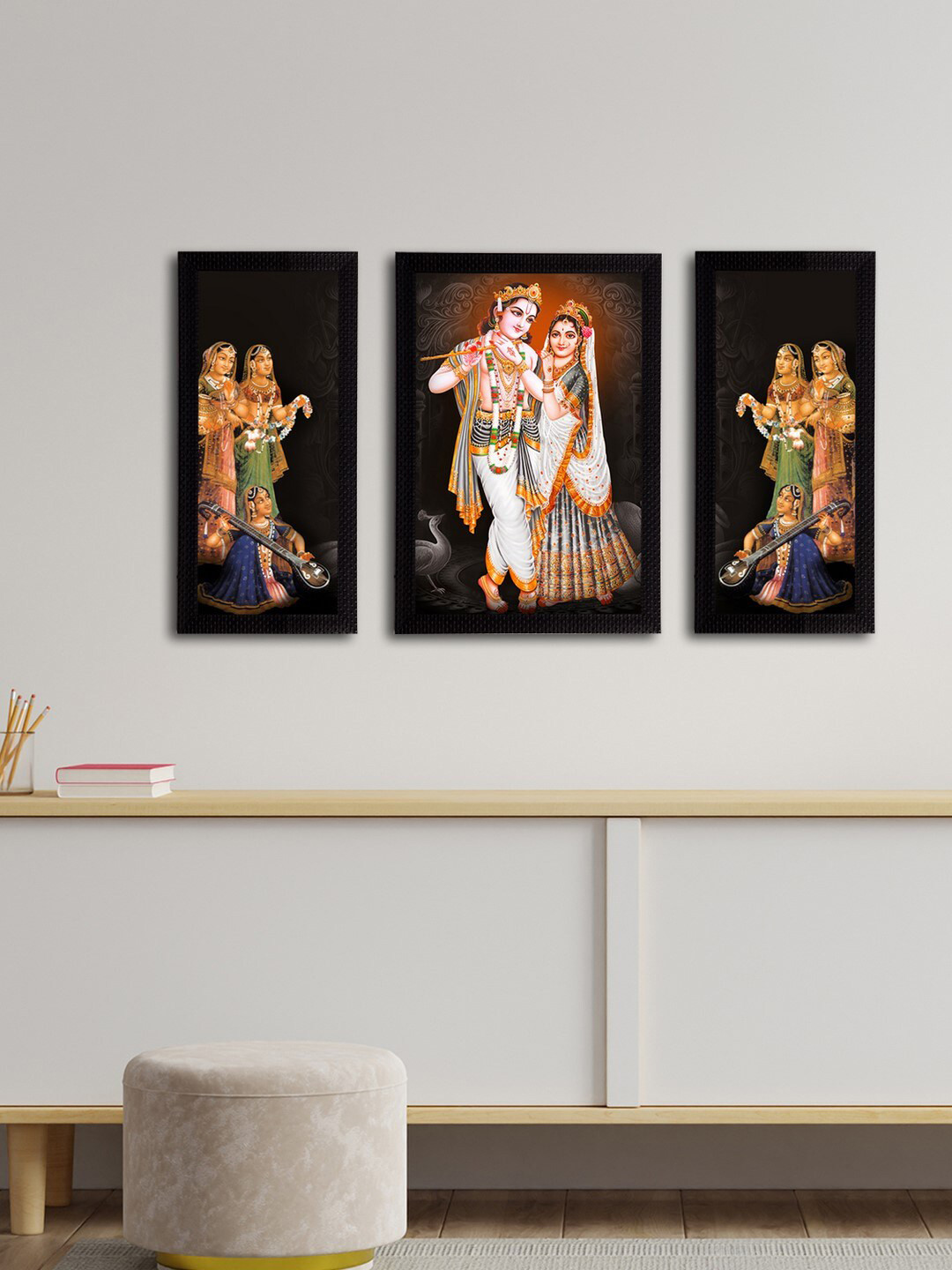 eCraftIndia Radha Krishna Paper 3 Pcs Wall Rectangle Paintings Wall Art