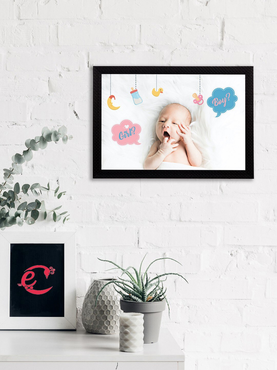 eCraftIndia White & Blue Cute Baby Satin Matt Textured UV Wall Art