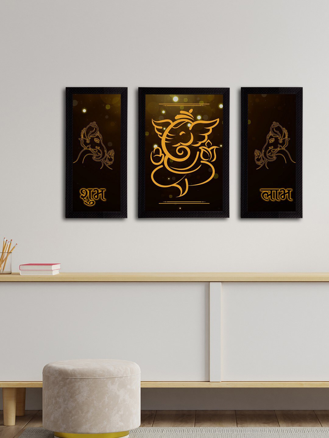 eCraftIndia Set of 3 Black & Gold-Toned Lord Ganesha Satin Matt Texture UV Art Paintings