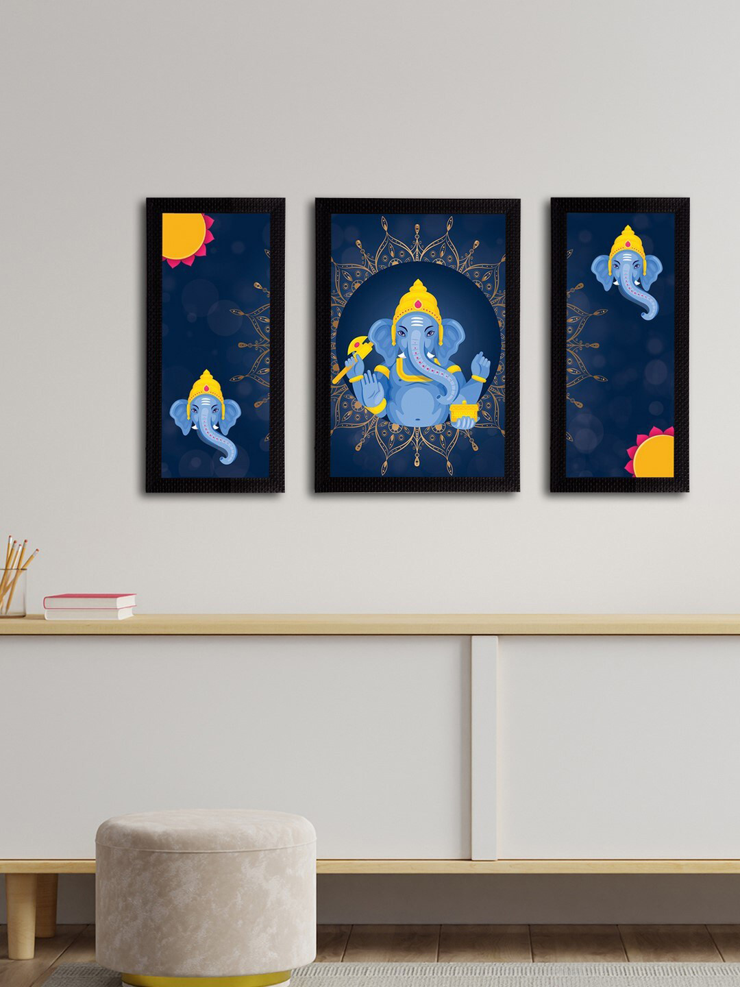 eCraftIndia Set of 3 Blue & Yellow Satin Matt Texture Lord Ganesha UV Wall Arts