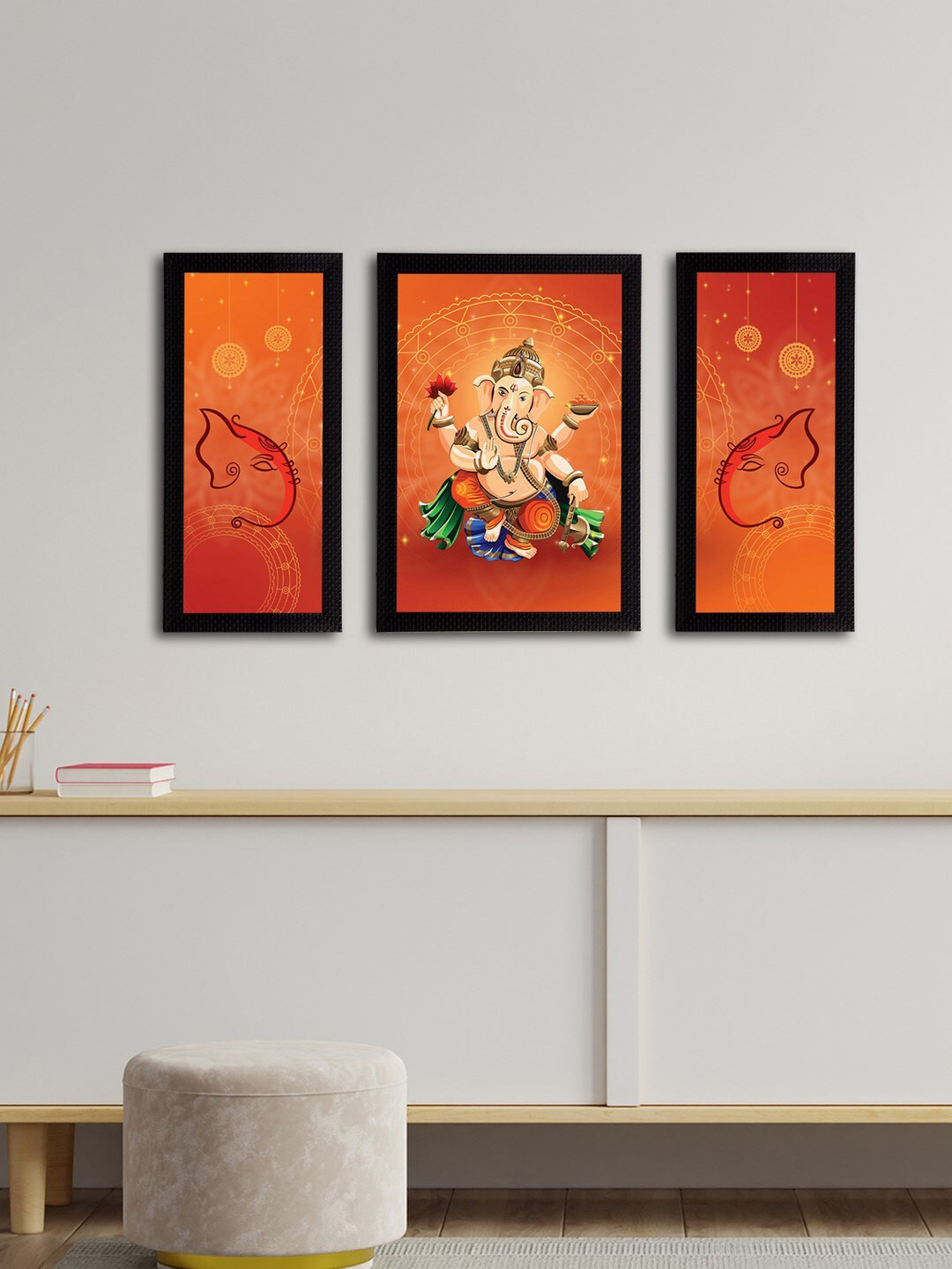 eCraftIndia Set Of 3 Orange & Red Lord Ganesha Satin Matt Texture UV Wall Arts