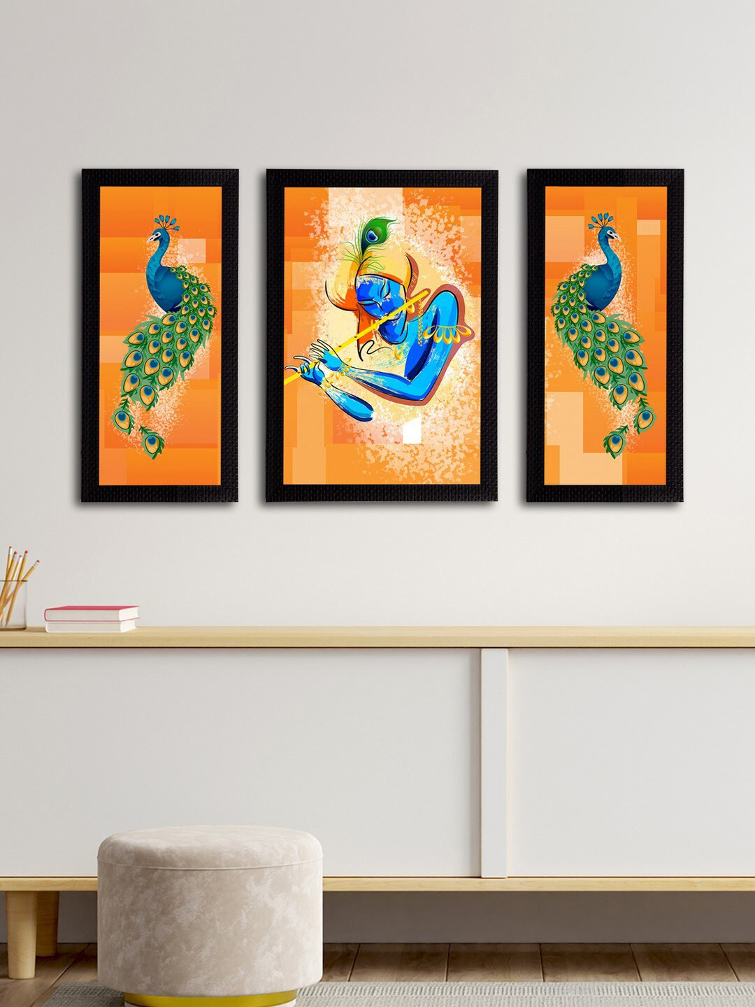 eCraftIndia Lord Krishna Paper 3 Pcs Home Office Paintings Wall Art -23.6 x 13.7In