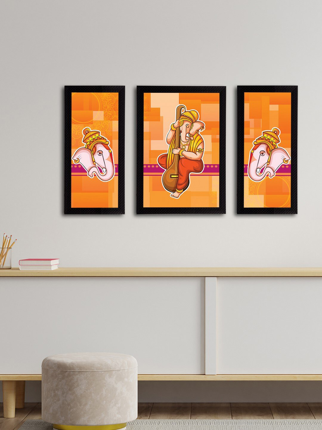 eCraftIndia Set of 3 Orange & Beige Lord Ganesha Satin Matt Textured UV Wall Arts