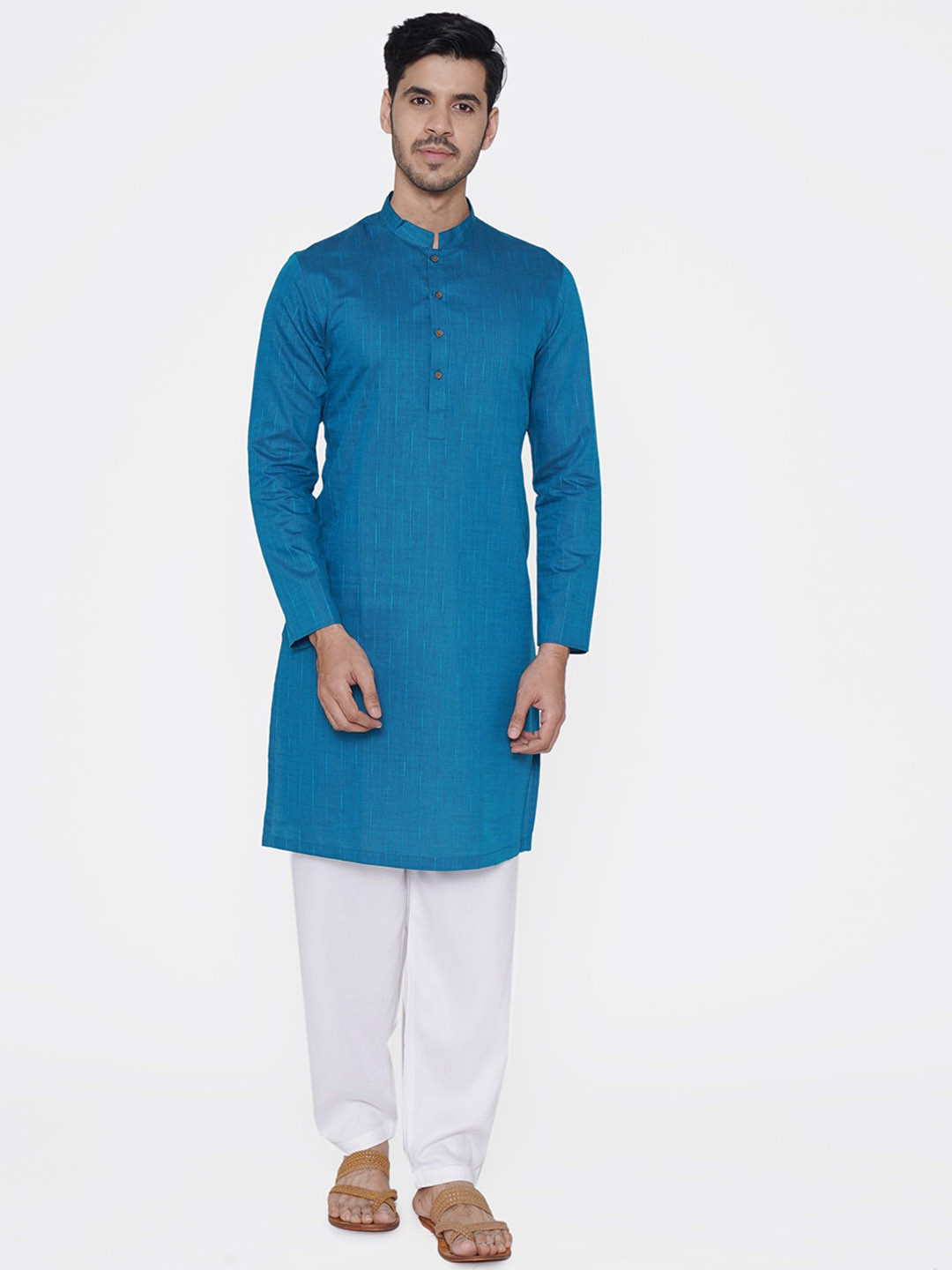 Manyavar Men Blue Striped Straight Kurta