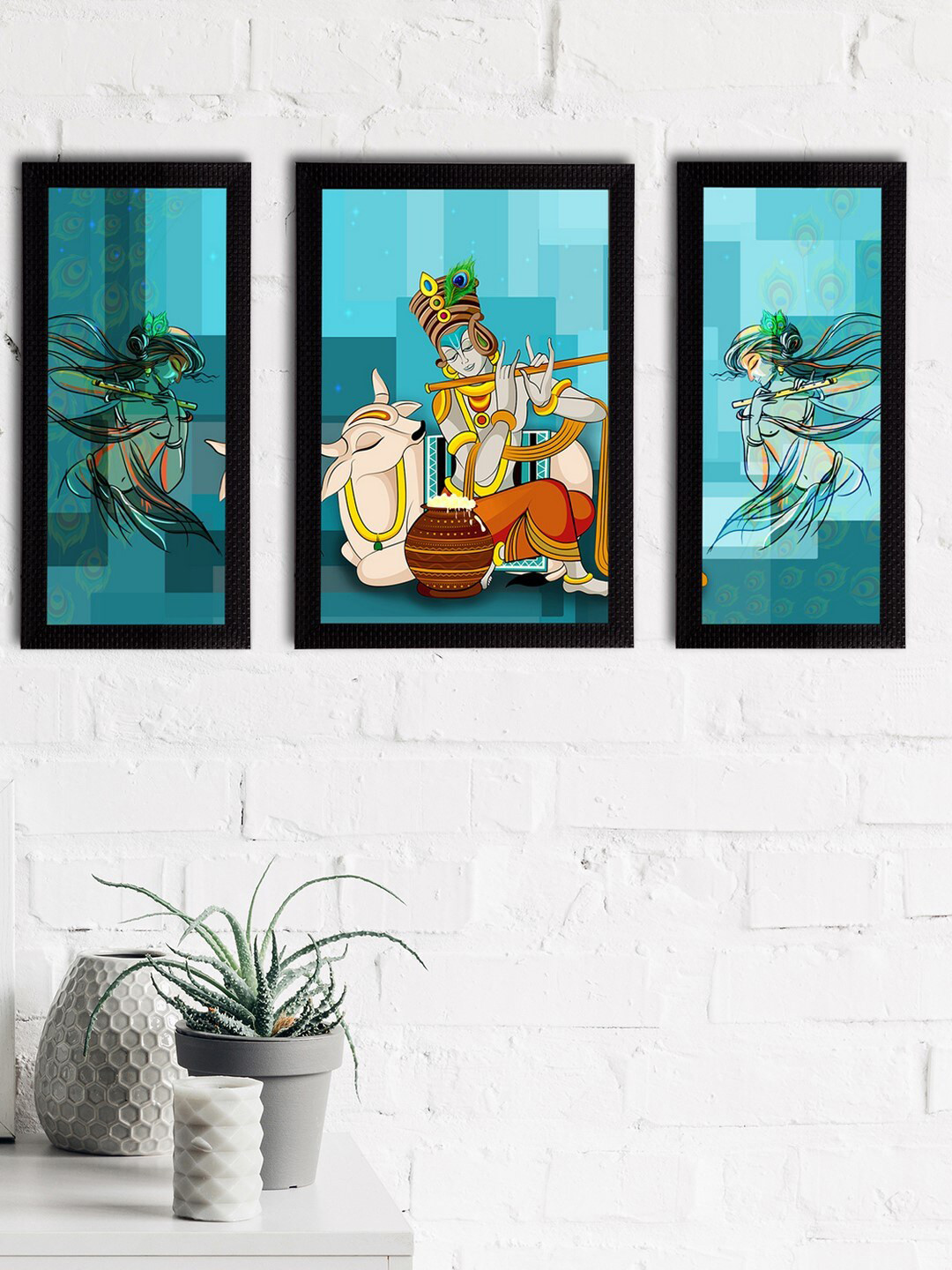 eCraftIndia Set Of 3 Turquoise Blue Lord Krishna Satin Matt Texture UV Wall Arts