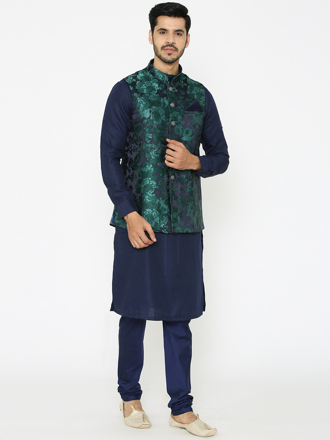 Manu Men Navy Blue Solid Kurta Set with Nehru Jacket