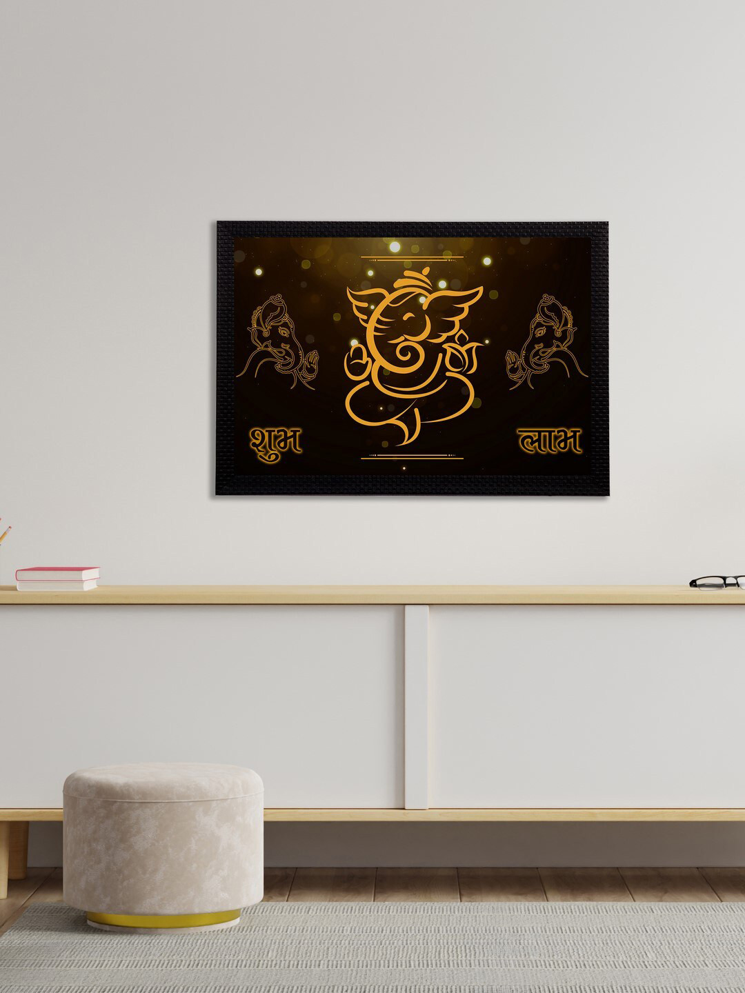 eCraftIndia Black & Gold-Toned Lord Ganesha Satin Matt Textured UV Wall Art
