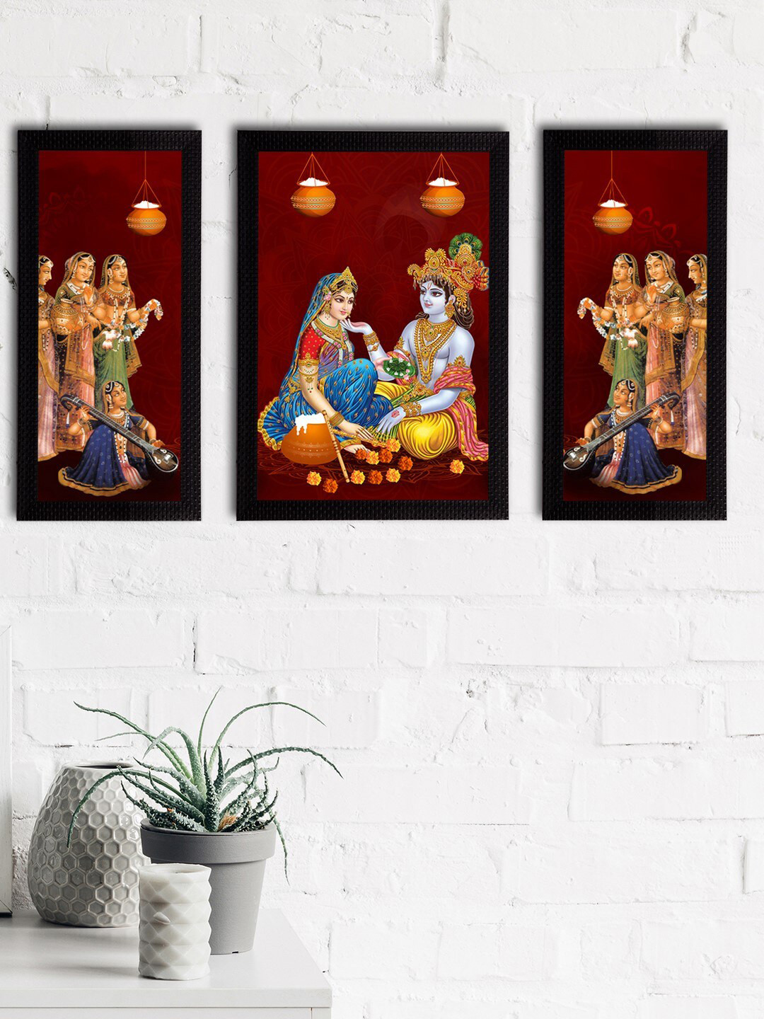 eCraftIndia Radha Krishna Paper 3 Piece Wall Rectangle Paintings Wall Art