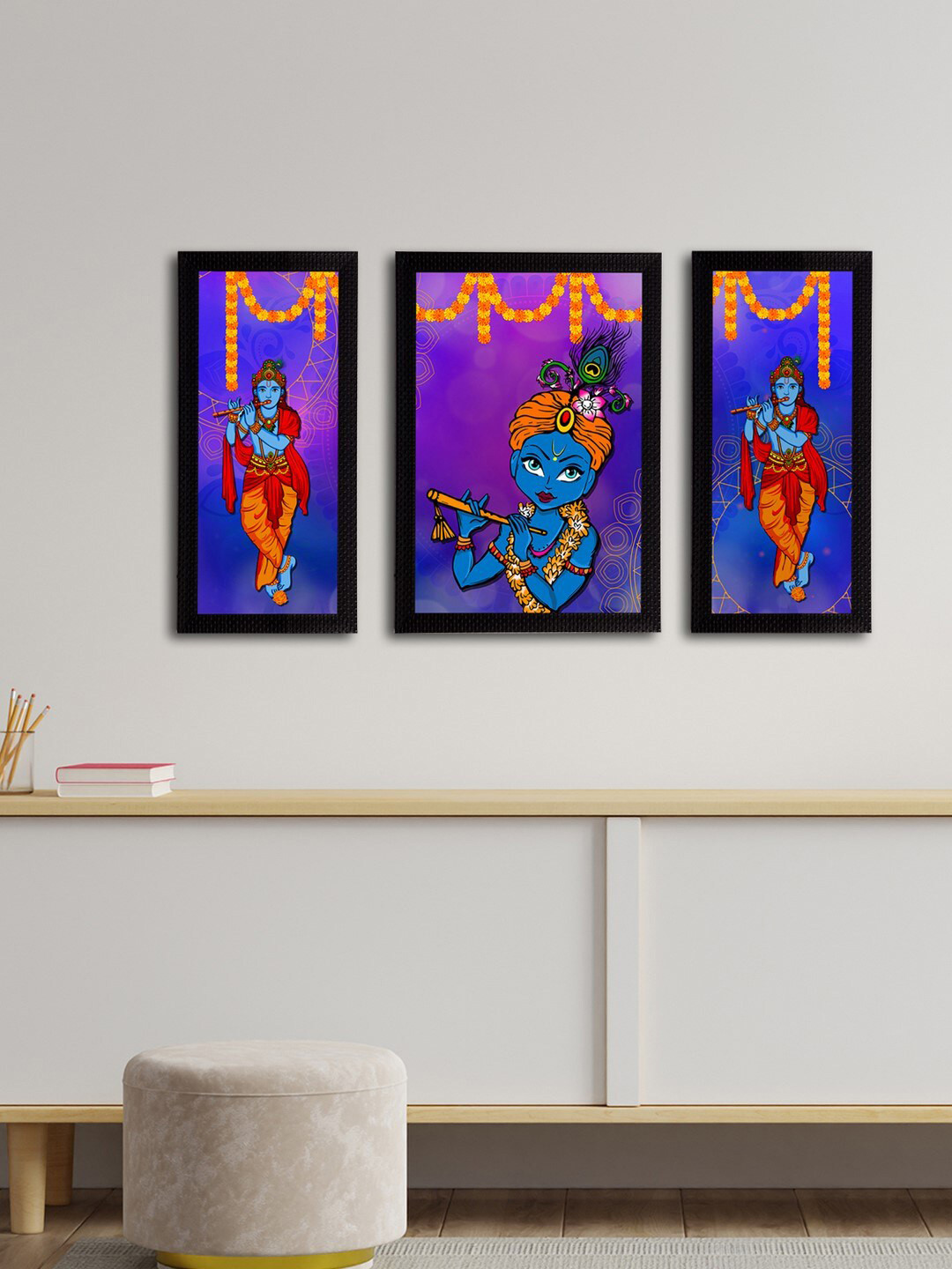 eCraftIndia 3-Panelled Blue Satin Matt Texture Lord Krishna & Radha UV Wall Art