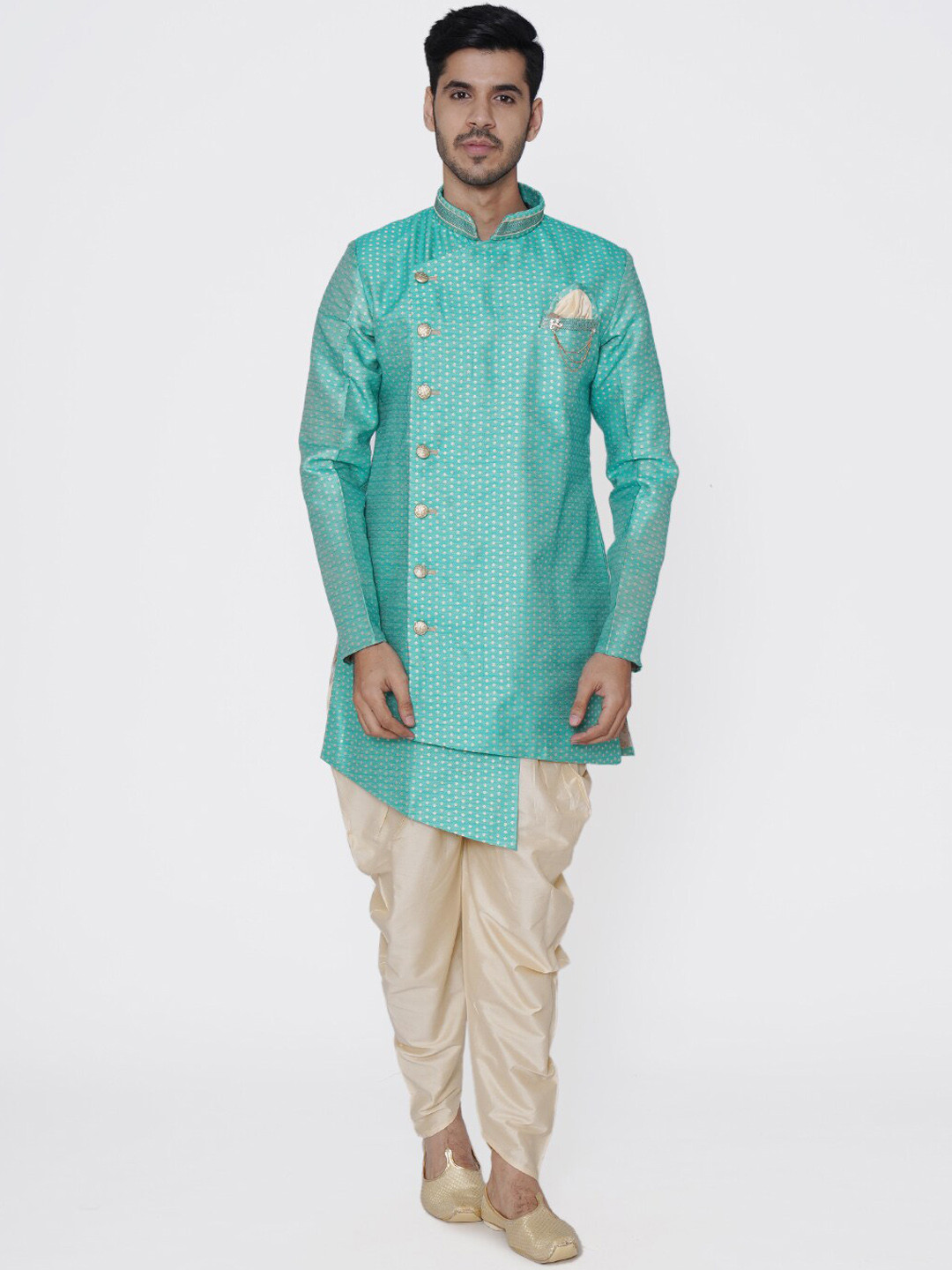 Manyavar Men Turquoise Blue & Beige Self Design Kurta with Dhoti Pants