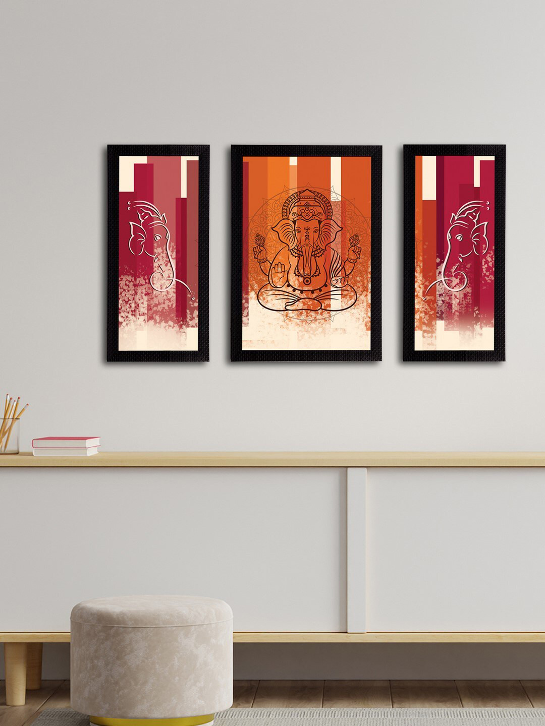 eCraftIndia Set of 3 Orange & Pink Lord Ganesha Satin Matt Texture UV Wall Arts