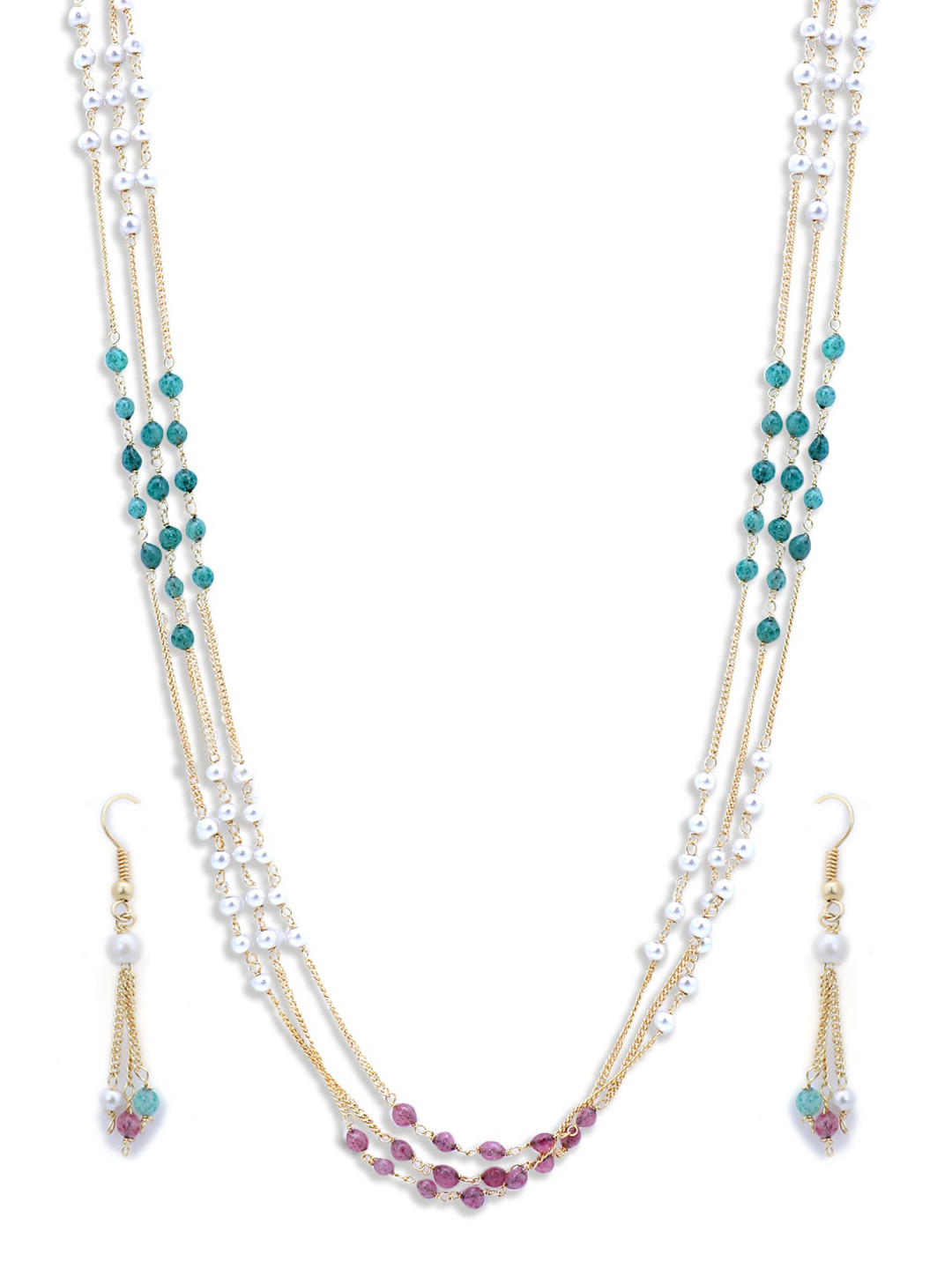 Sukkhi Gold-Plated Turquoise Blue & White Pearl Beaded Jewellery Set