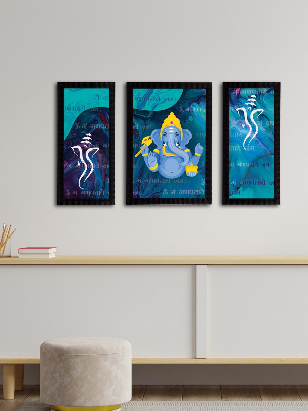 eCraftIndia Set of 3 Blue & Yellow Satin Matt Texture Lord Ganesha UV Wall Arts