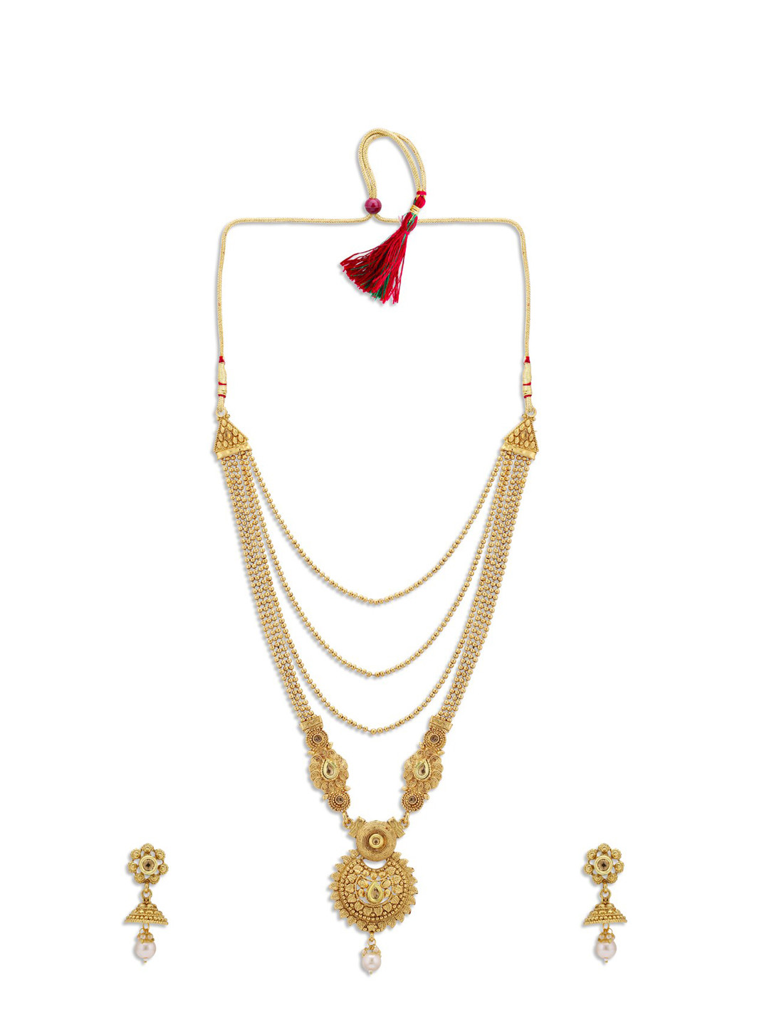 Sukkhi Gold-Plated Tan-Brown & White CT Stone-Studded Pearl Beaded Long-Haram Jewellery Set