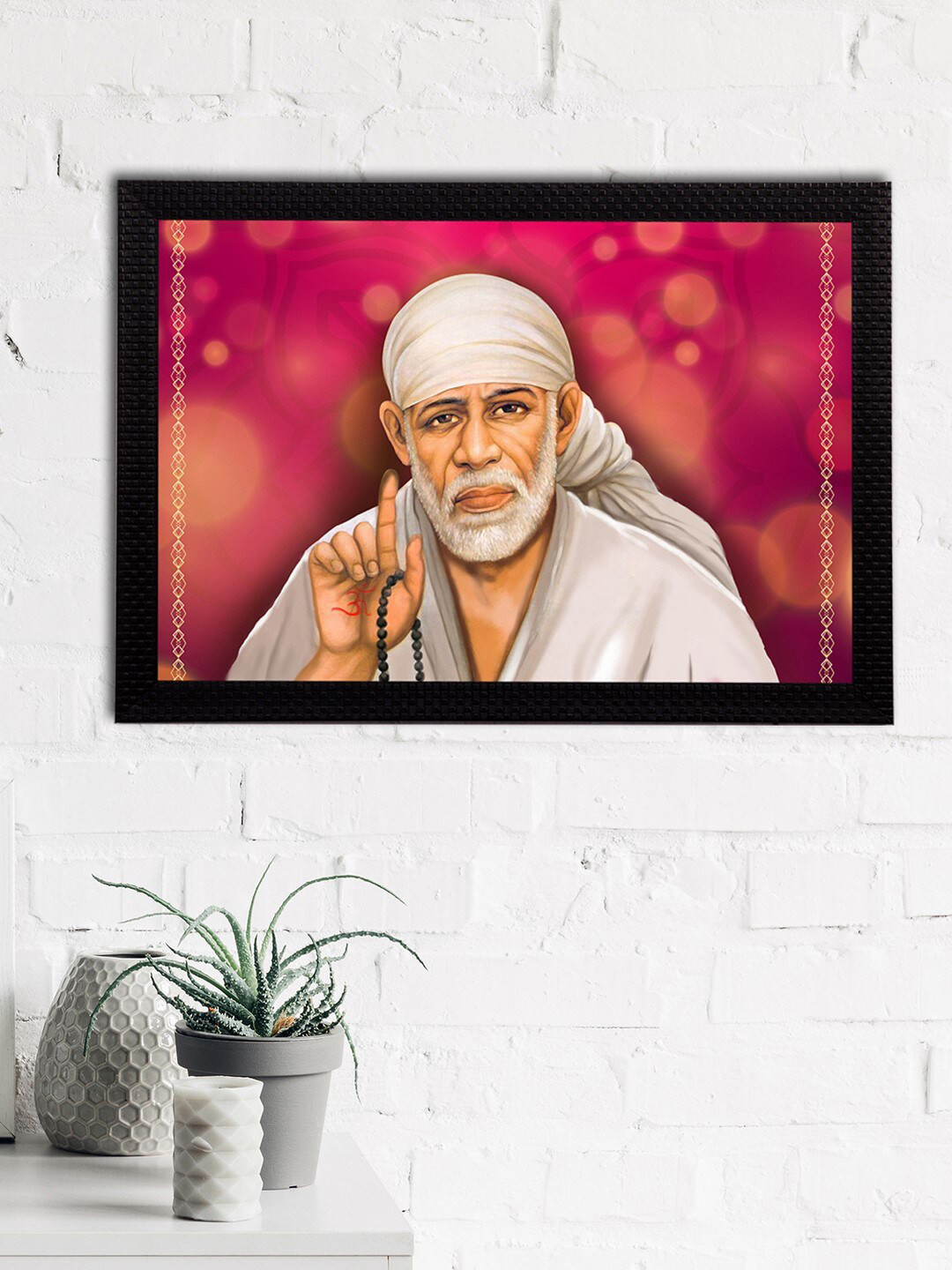 eCraftIndia Fuchsia Pink & Off-White Sai Baba Satin Matt Textured UV Wall Art