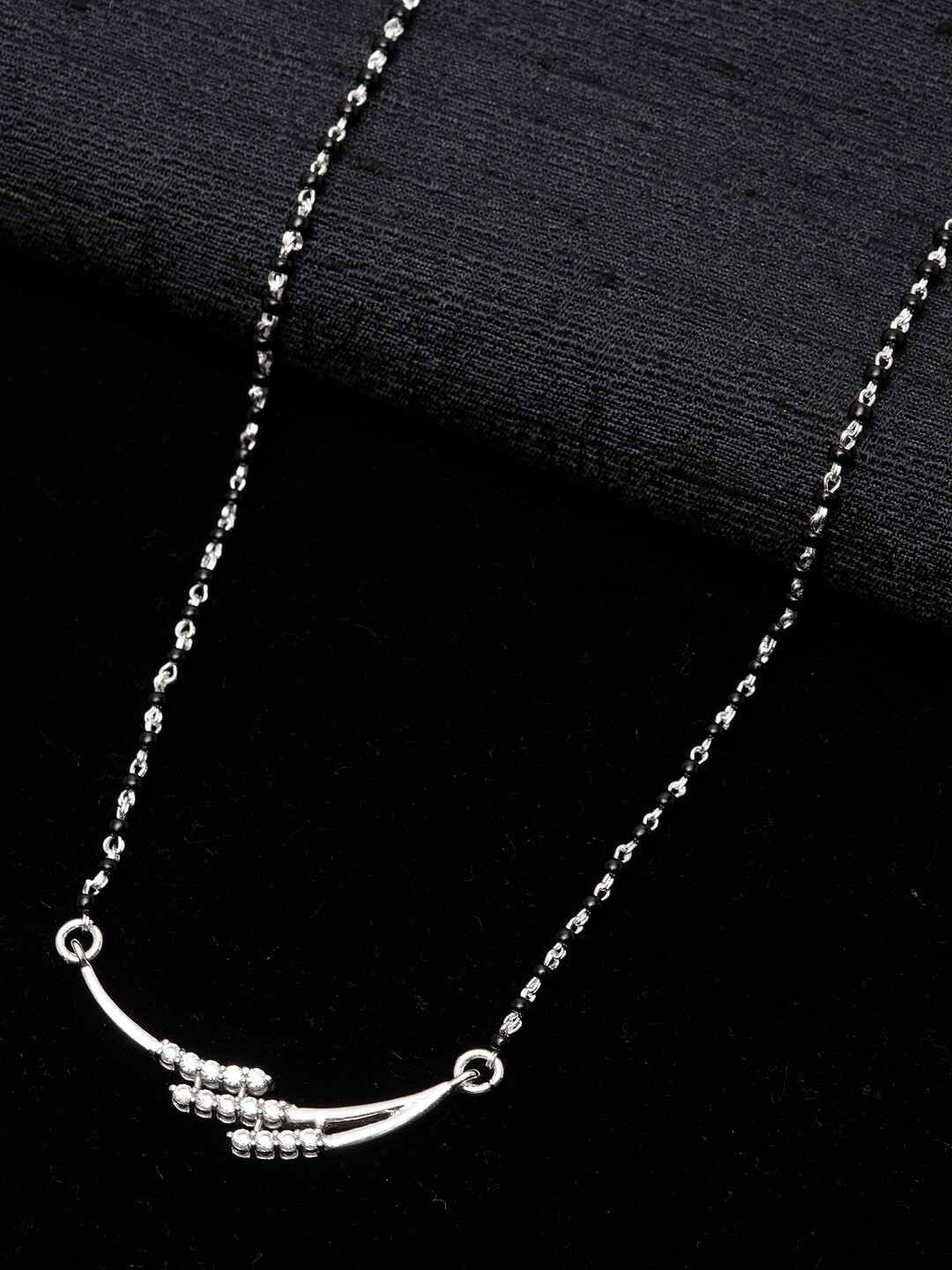 Clara 925 Sterling Silver Rhodium-Plated Black & White Zirconia-Studded Beaded Mangalsutra