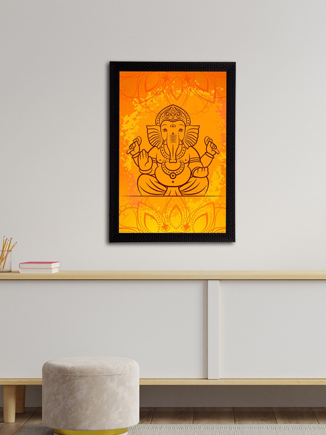 eCraftIndia Orange & Yellow Lord Ganesha Satin Matt Texture Framed UV Wall Art Painting