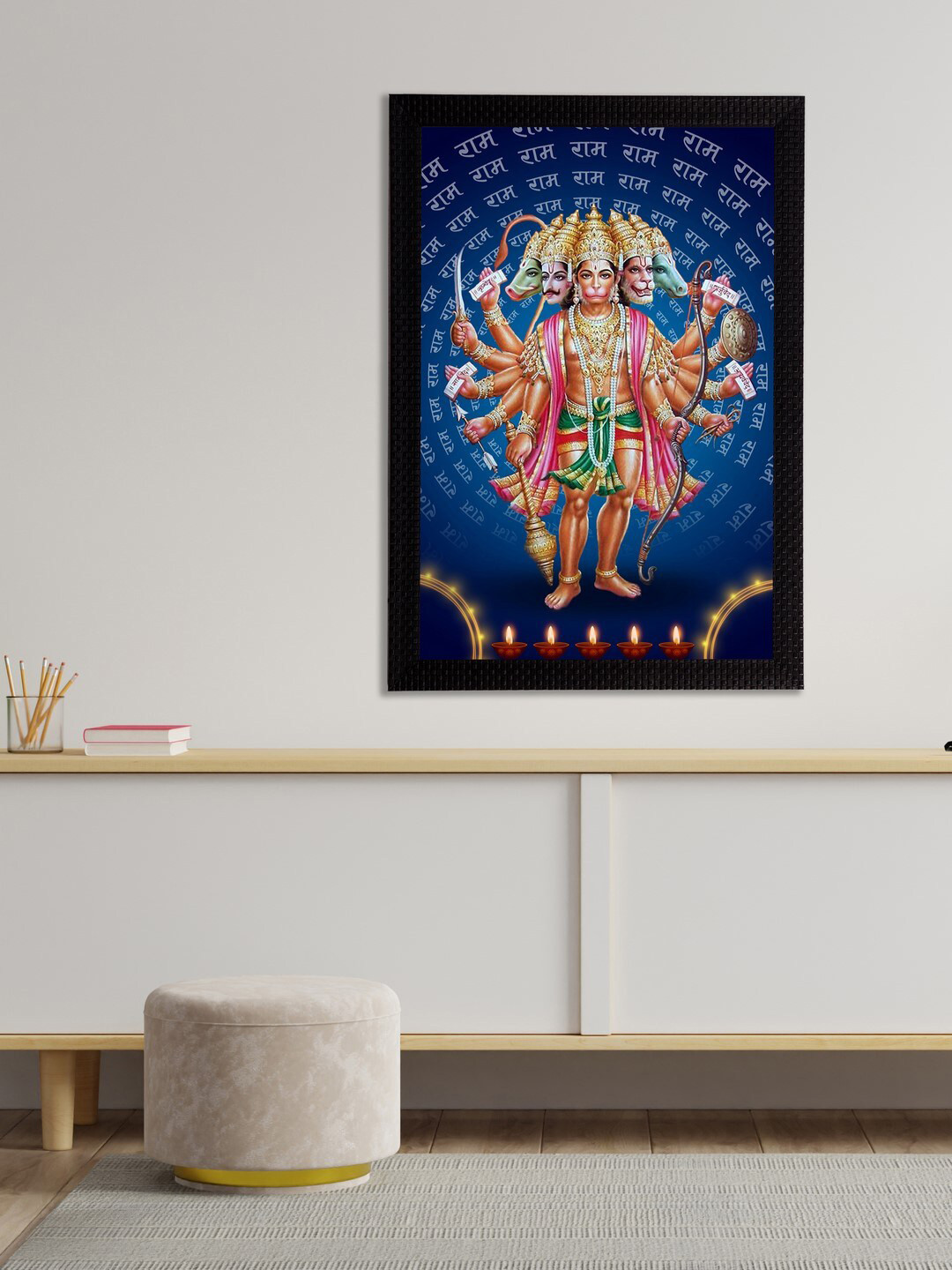 eCraftIndia Blue & Beige Panch Mukhi Lord Hanuman Satin Matt Texture UV Art Painting