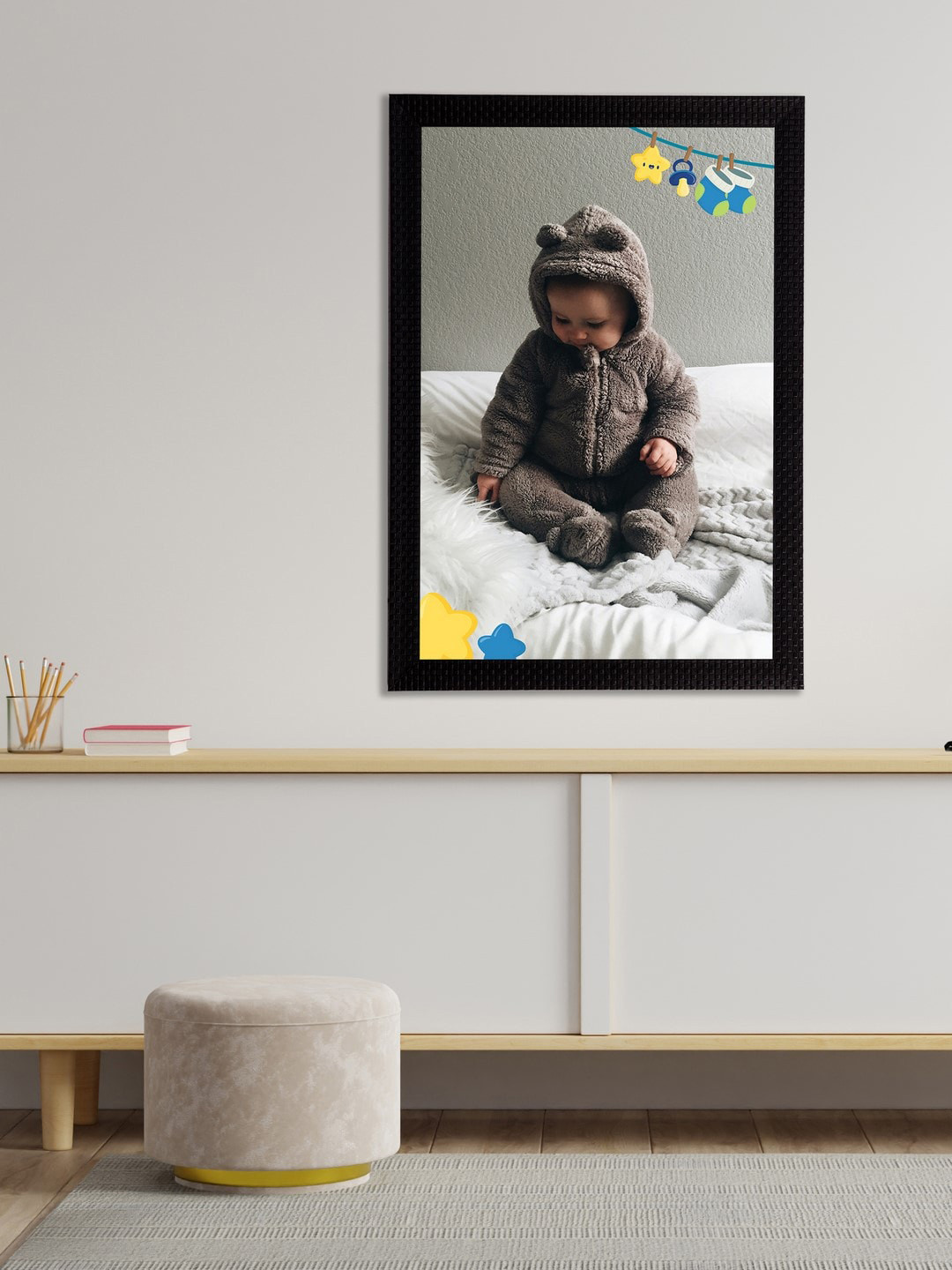 eCraftIndia Grey & White Cute Baby Satin Matt Textured UV Wall Art