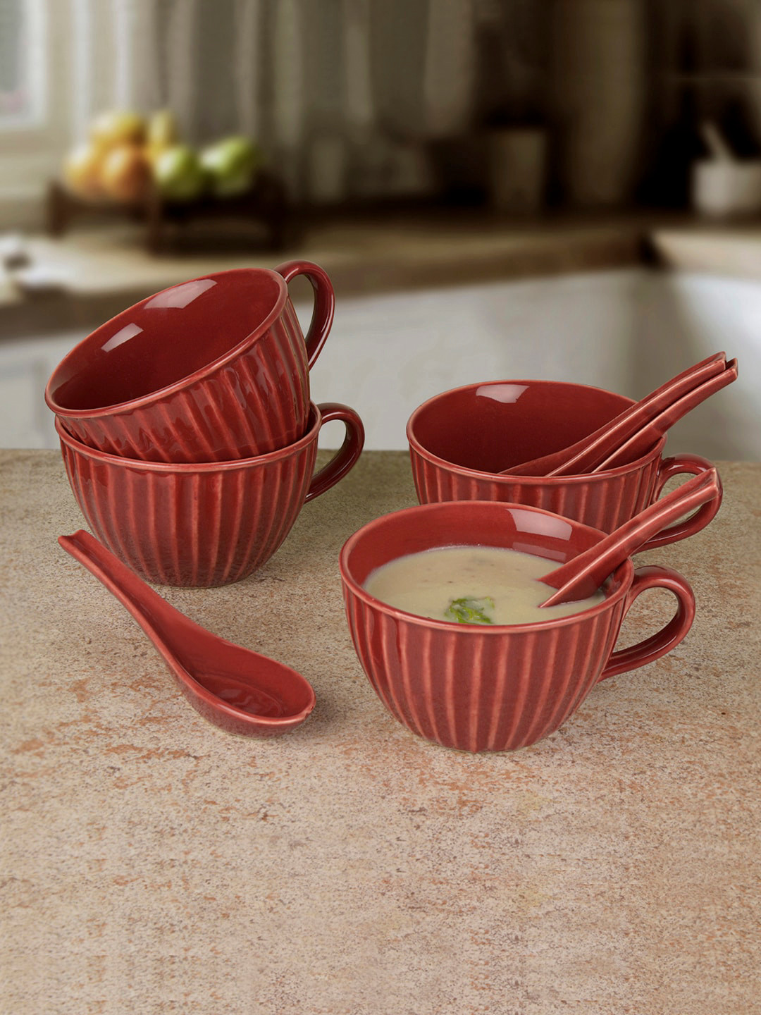 StyleMyWay Maroon Textured Ceramic Microwave Safe 4 Piece Cup with 4 Spoon-300ml