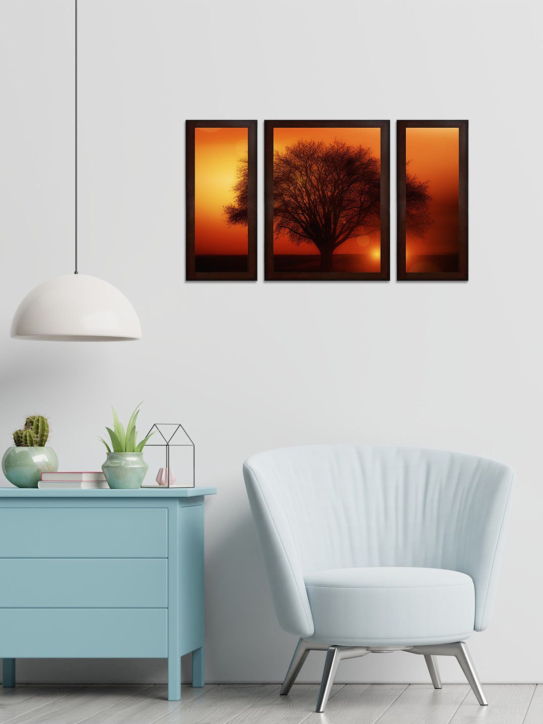 WENS Set Of 3 Brown & Orange Tree In Sunset MDF Wall Arts