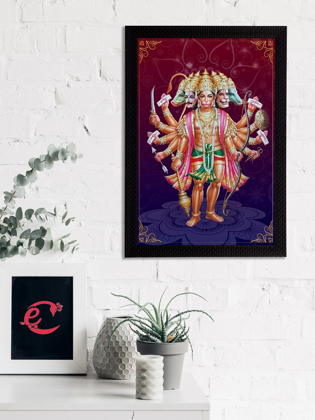 eCraftIndia Blue & Burgundy Panch Mukhi Lord Hanuman Satin Matt Texture UV Art Painting