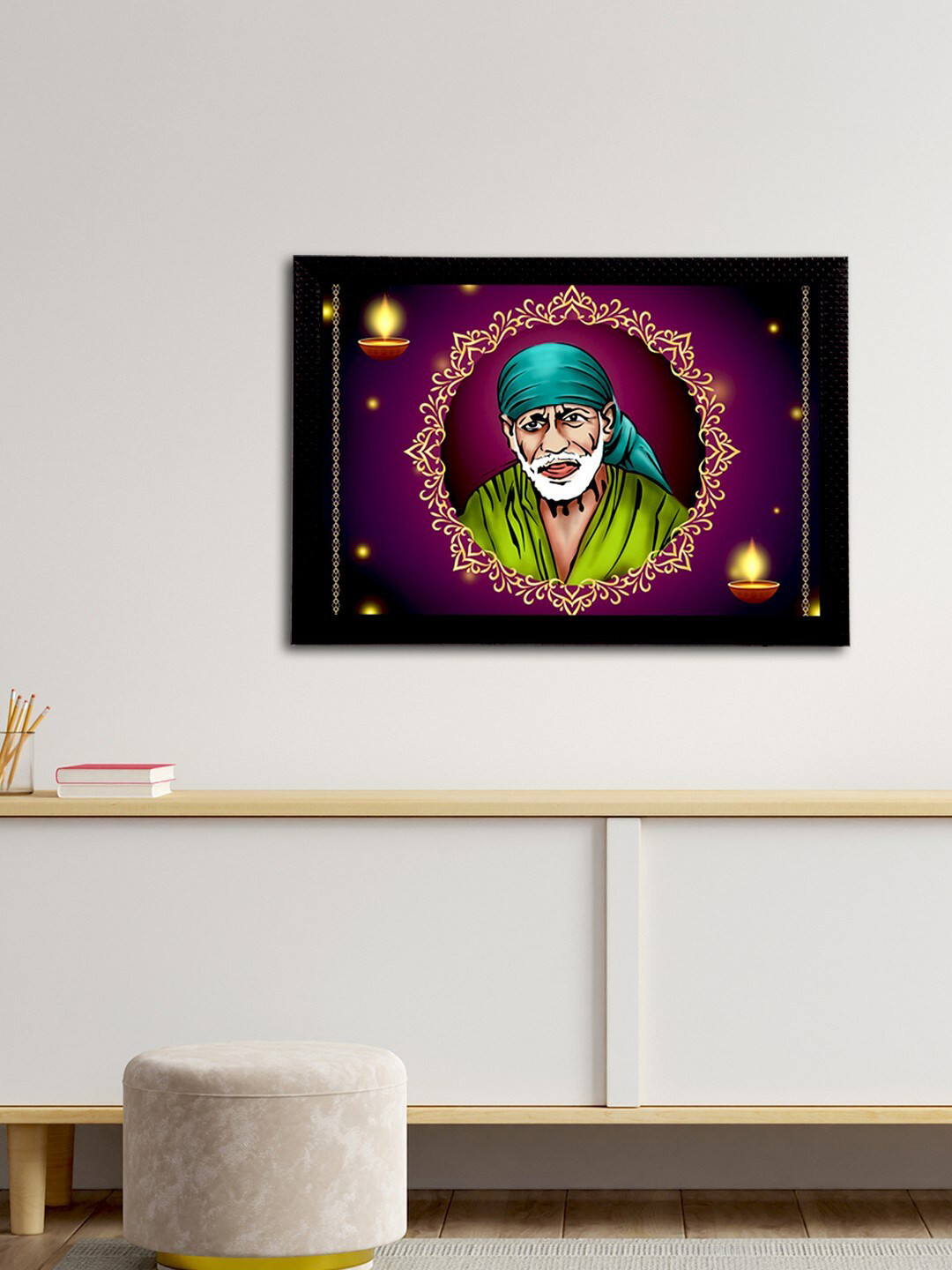 eCraftIndia Purple & Green Sai Baba Satin Matt Textured UV Wall Art