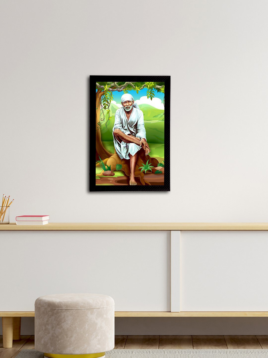eCraftIndia Green & Blue Sai Baba Satin Matt Texture Framed UV Wall Art Painting
