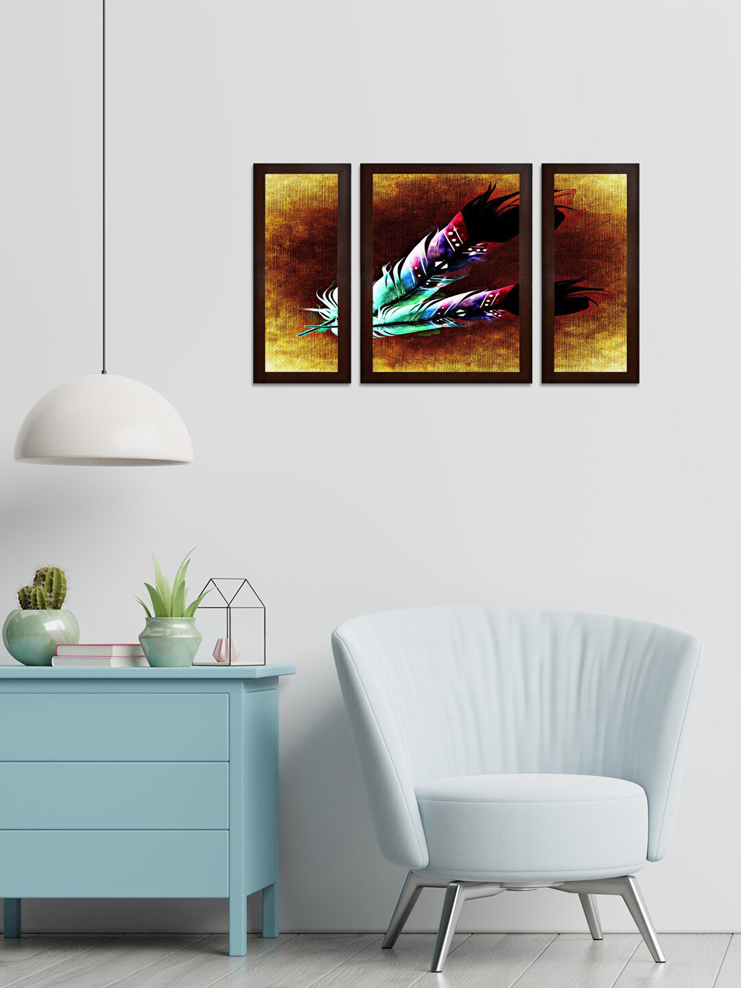 WENS Yellow & Brown Set of 3 Love Birds Vastu MDF Wall Paintings