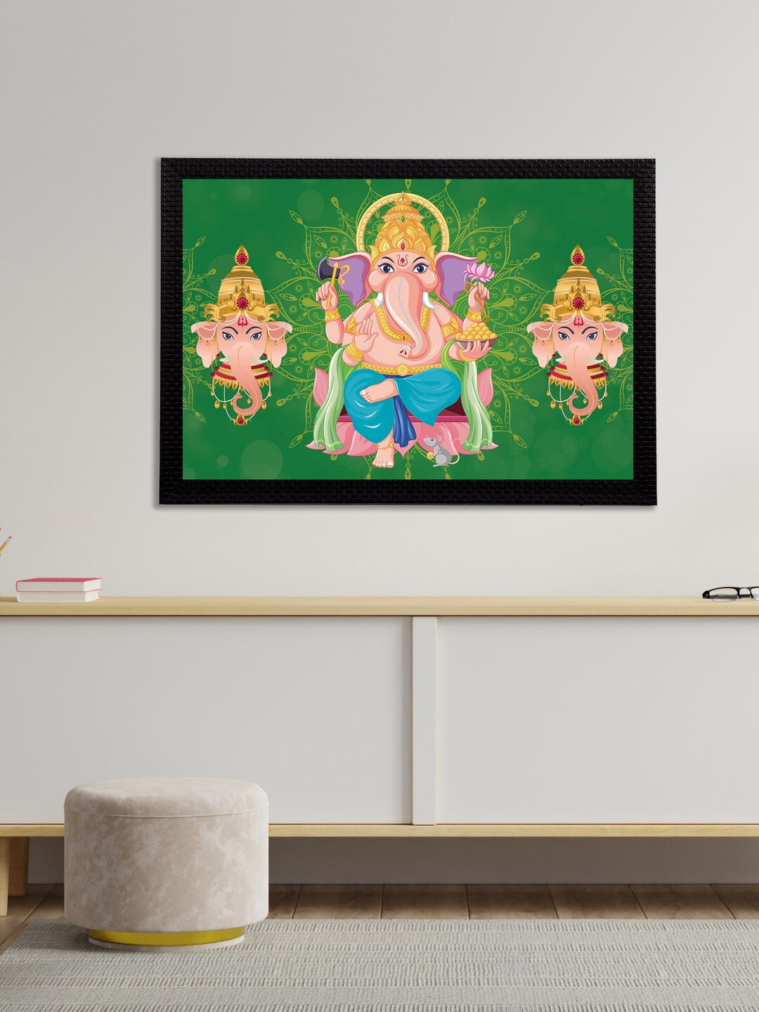 eCraftIndia Lord Ganesha Green Wall Home Office Rectangle Paintings Wall Art -14 x 20In