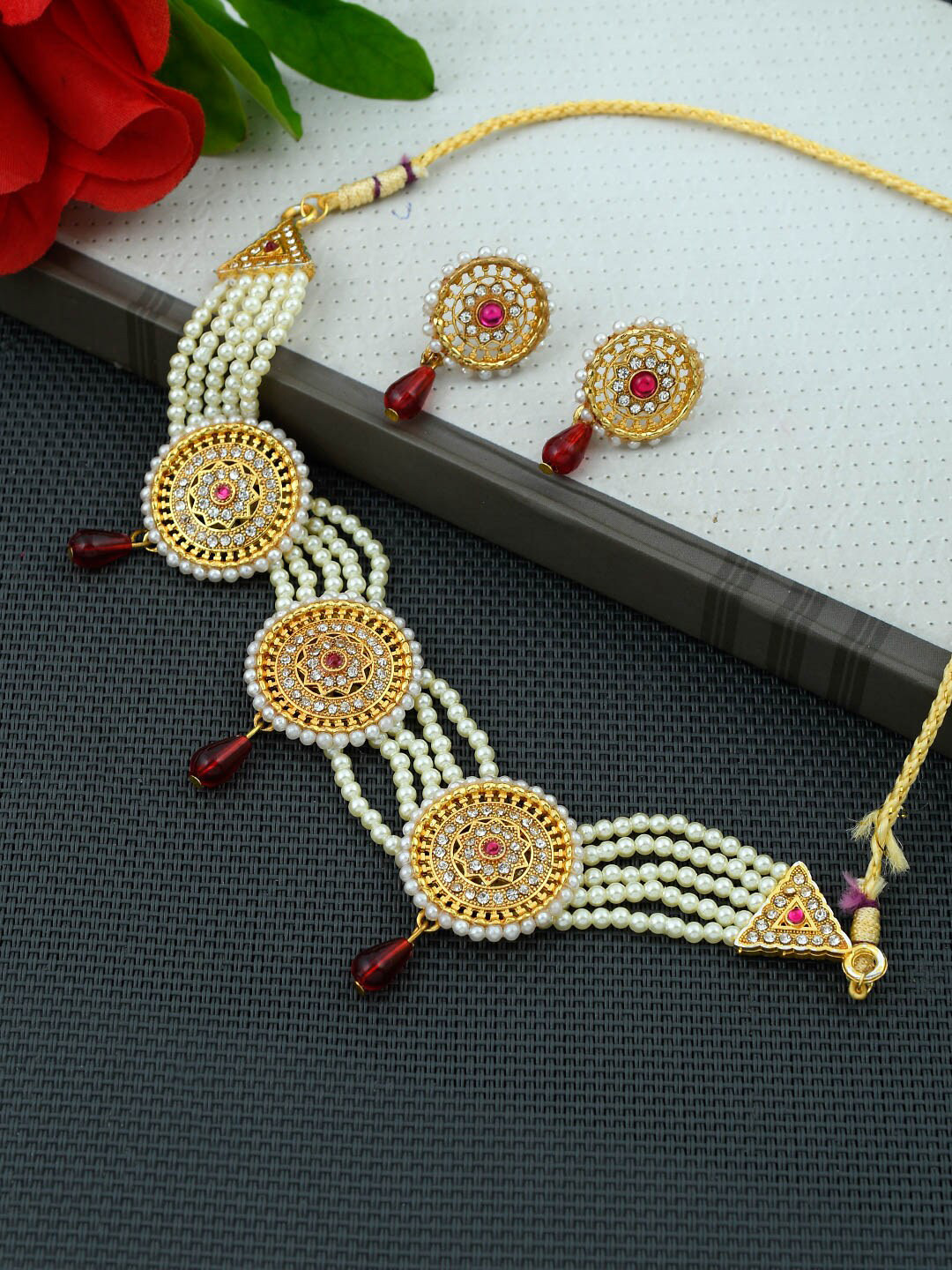 Silvermerc Designs Gold-Plated Red & White Artificial Stone Studded & Beaded Jewellery Set