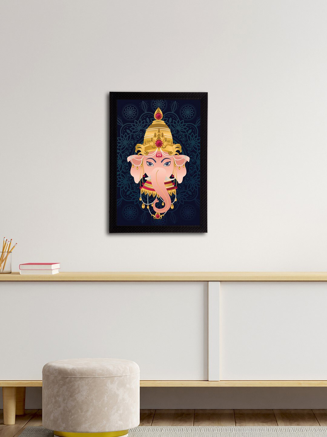 eCraftIndia Navy Blue & Gold-Toned Lord Ganesha Satin Matt Textured UV Wall Art