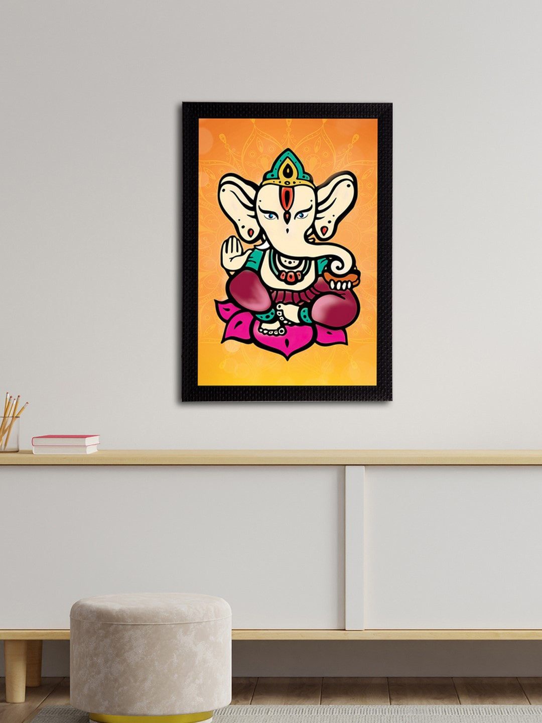 eCraftIndia Orange & Beige Lord Ganesha Satin Matt Textured UV Wall Painting