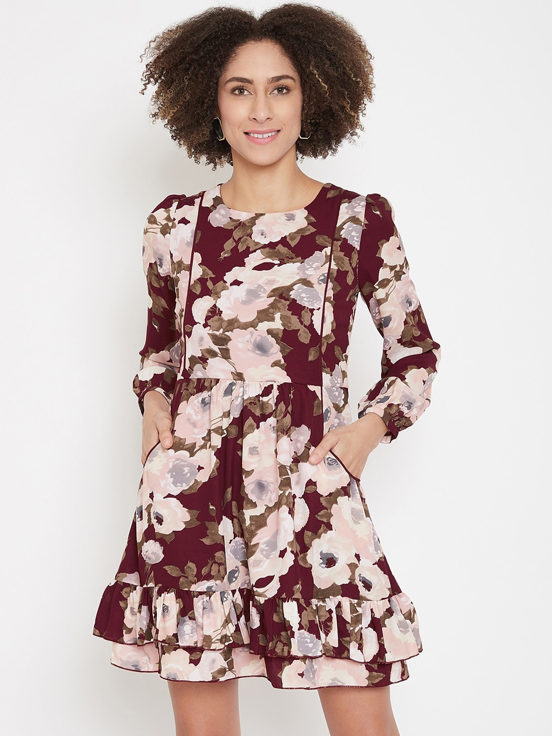 La Zoire Women Maroon & Pink Floral Printed Fit and Flare Dress