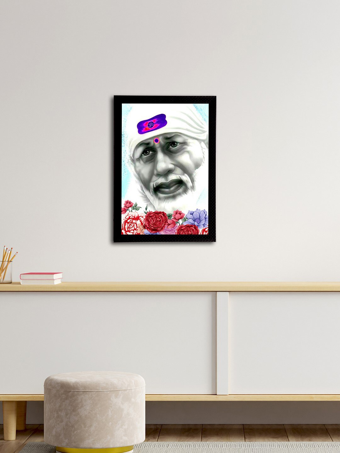 eCraftIndia White & Grey Satin Matt Texture Sai Baba UV Wall Art