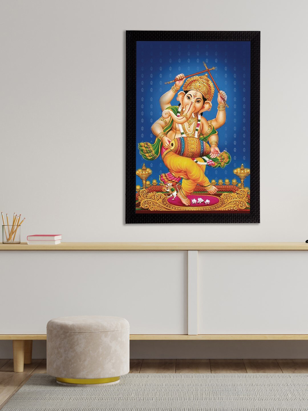eCraftIndia Blue & Orange Lord Ganesha Satin Matt Texture Framed UV Wall Art Painting