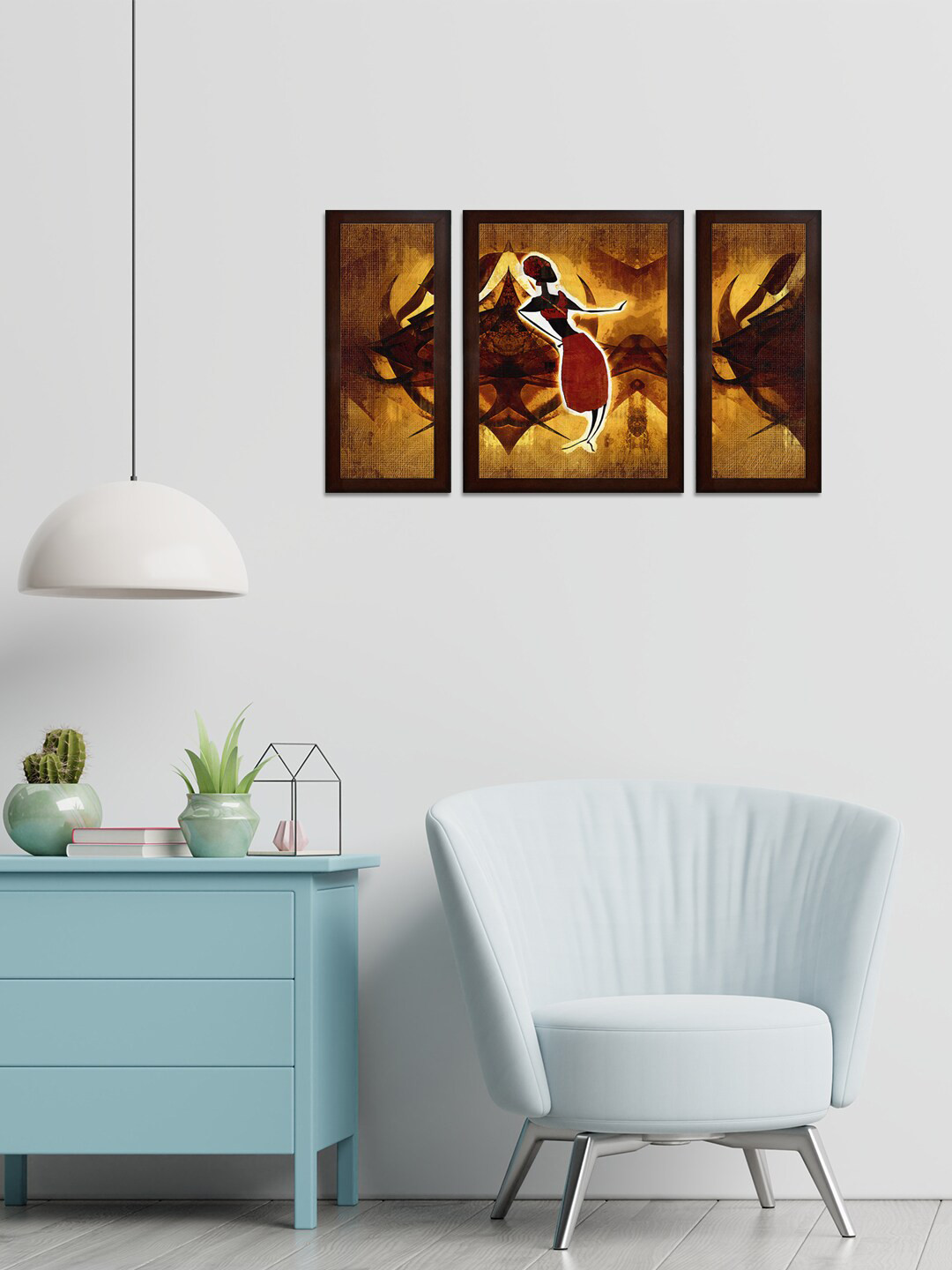 WENS Set Of 3 Brown & Yellow Tribal Woman MDF Wall Paintings