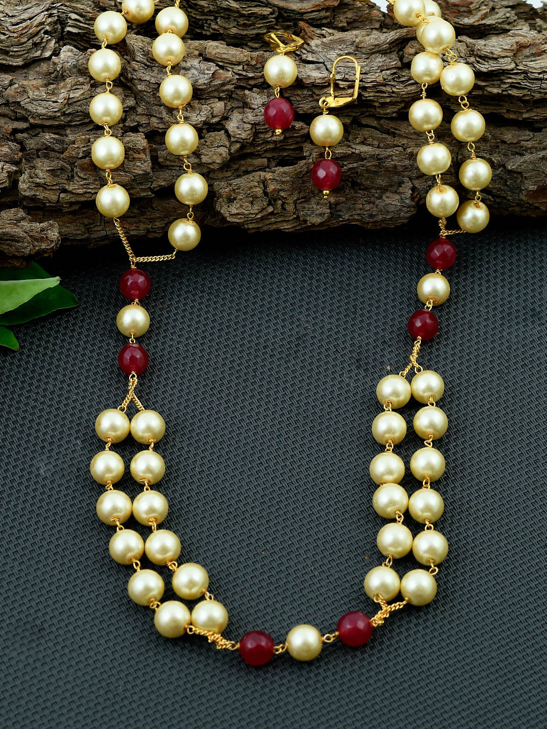 Silvermerc Designs Gold-Plated Red & White Pearl Beaded Handcrafted Jewellery Set