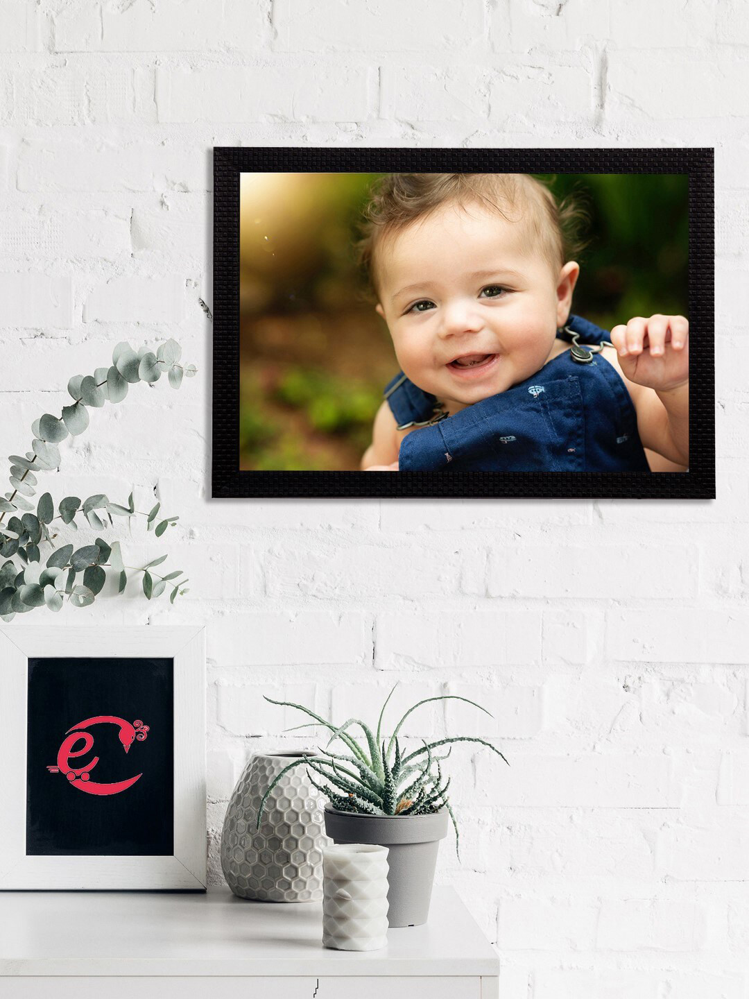 eCraftIndia Blue & Cream-coloured Cute Baby Satin Matt Texture Framed UV Wall Art Painting