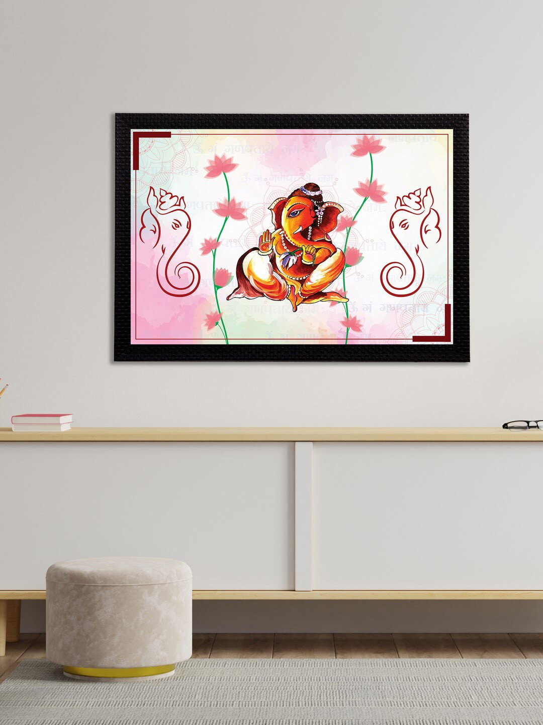 eCraftIndia Orange & Pink Lord Ganesha Satin Matt Textured UV Wall Art