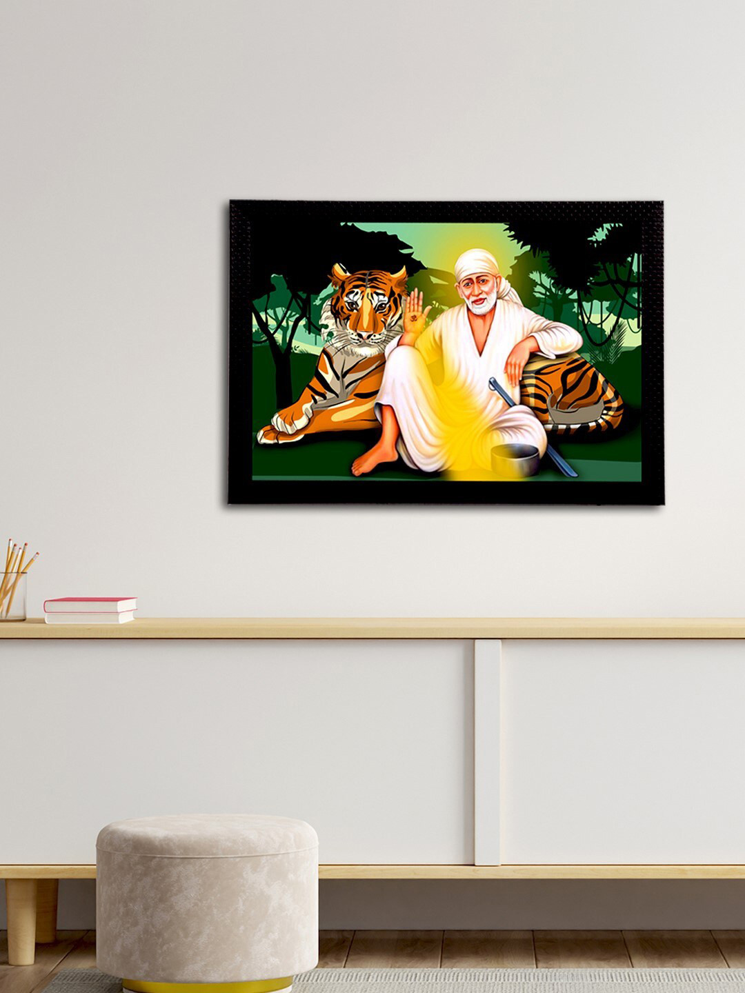 eCraftIndia Sai Baba Synthetic Wood Wall Rectangle Paintings Wall Art - 20x14In